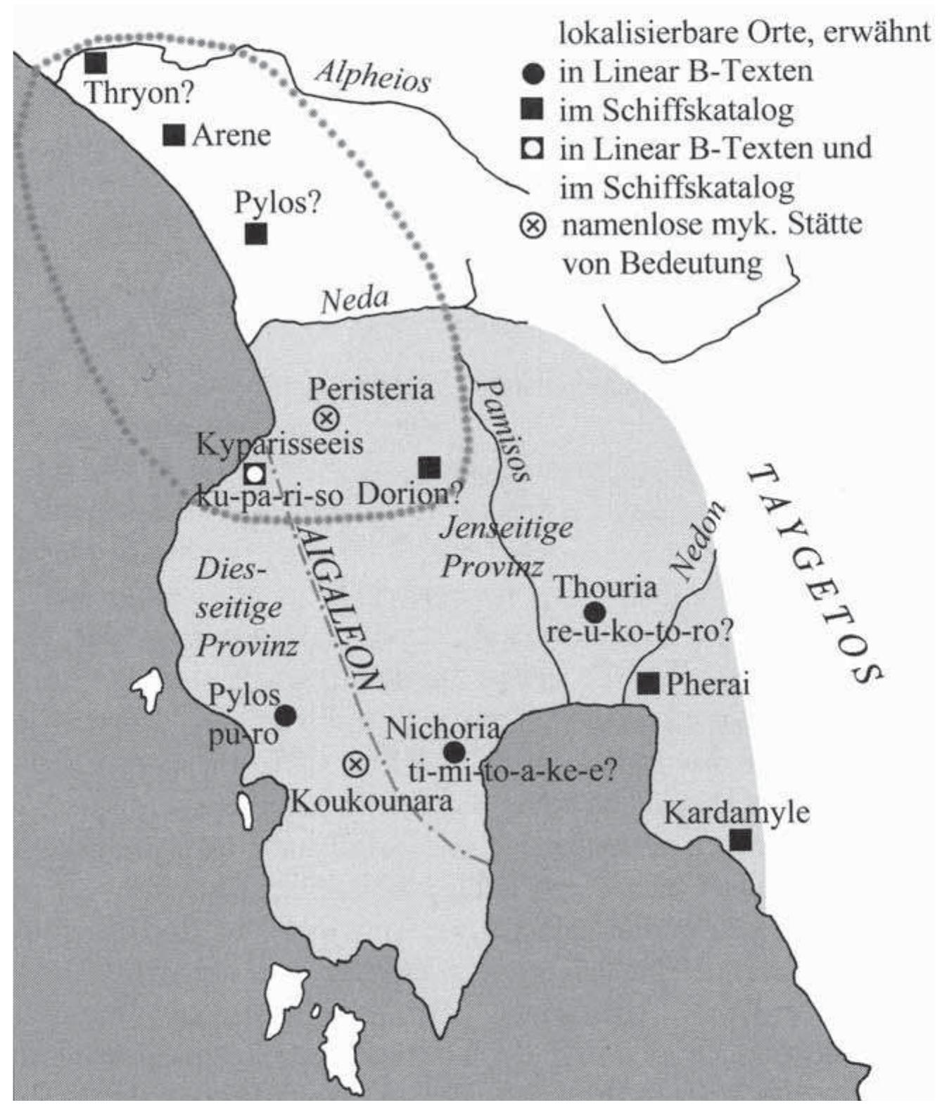 FIG. II-6: TERRITORY ASSIGNED TO THE PALACE OF NESTOR BY HOMER (POINTED LINE) AND TERRITORY OF THE MYCENAEAN PALACE AT PYLOS AND ITS SUBDIVISION AS DERIVED FROM LINEAR B TABLETS (SHADED GREY) (AFTER EDER 2003: 299 FIG. 1). 
