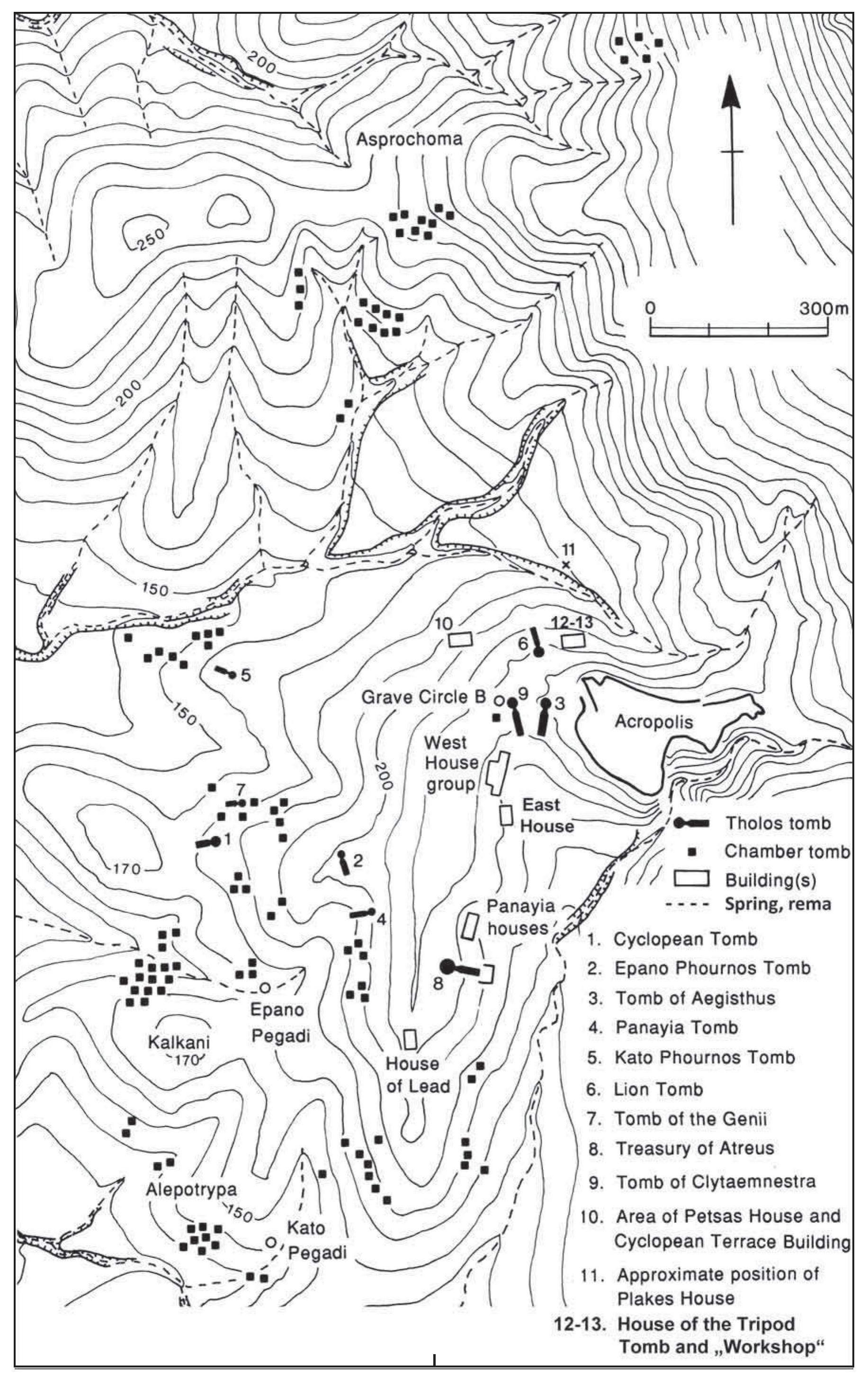 FIG. I-17: THE SURROUNDINGS AND LOWER TOWN OF MYCENAE WITH VARIOUS ‘GENERATIONS’ OF THOLOS AND CHAMBER TOMBS INTERSPERSED WITH BUILDING COMPLEXES (AFTER SIENNICKA 2010: 73 FIG. 2). 