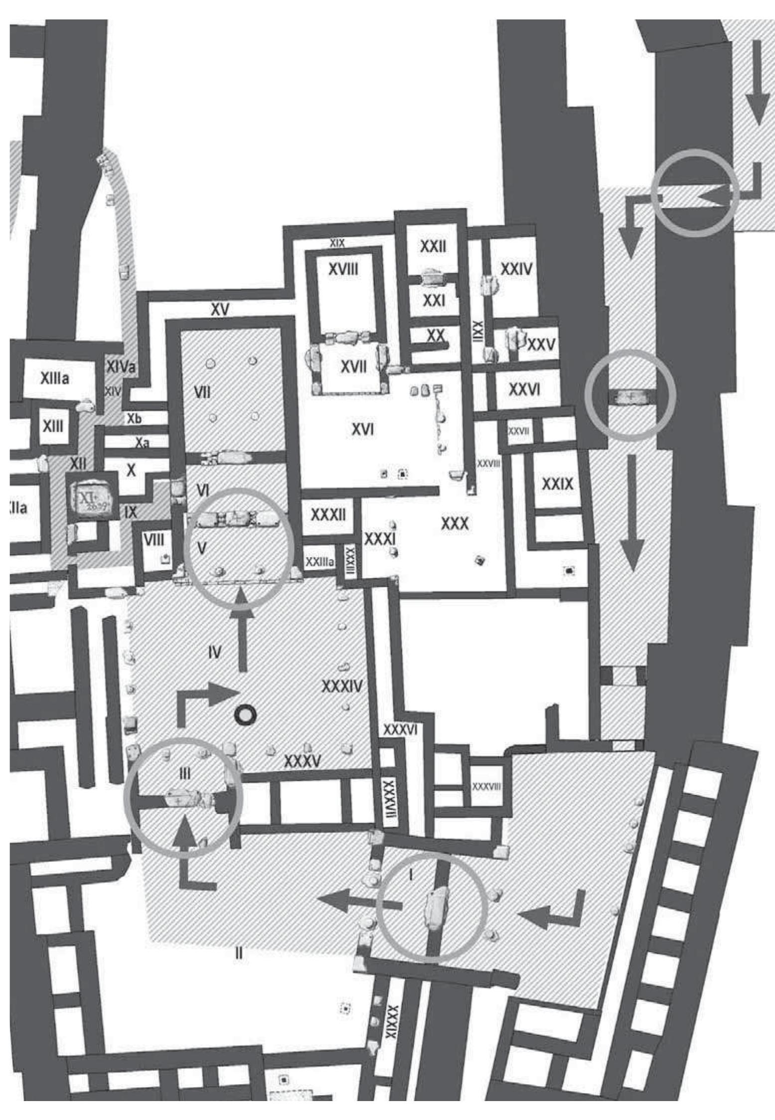 FIG. II-24: THE UPPER CITADEL OF THE MYCENAEAN PALACE AT TIRYNS. CIRCLES INDICATING ‘LIMINAL’ POINTS USED TO CONTROL ACCESS AND INCREASE EXCLUSIVITY AS ONE MOVES TOWARDS THE CENTRAL MEGARON (AFTER MARAN 2012A: 151 FIG. 1). 