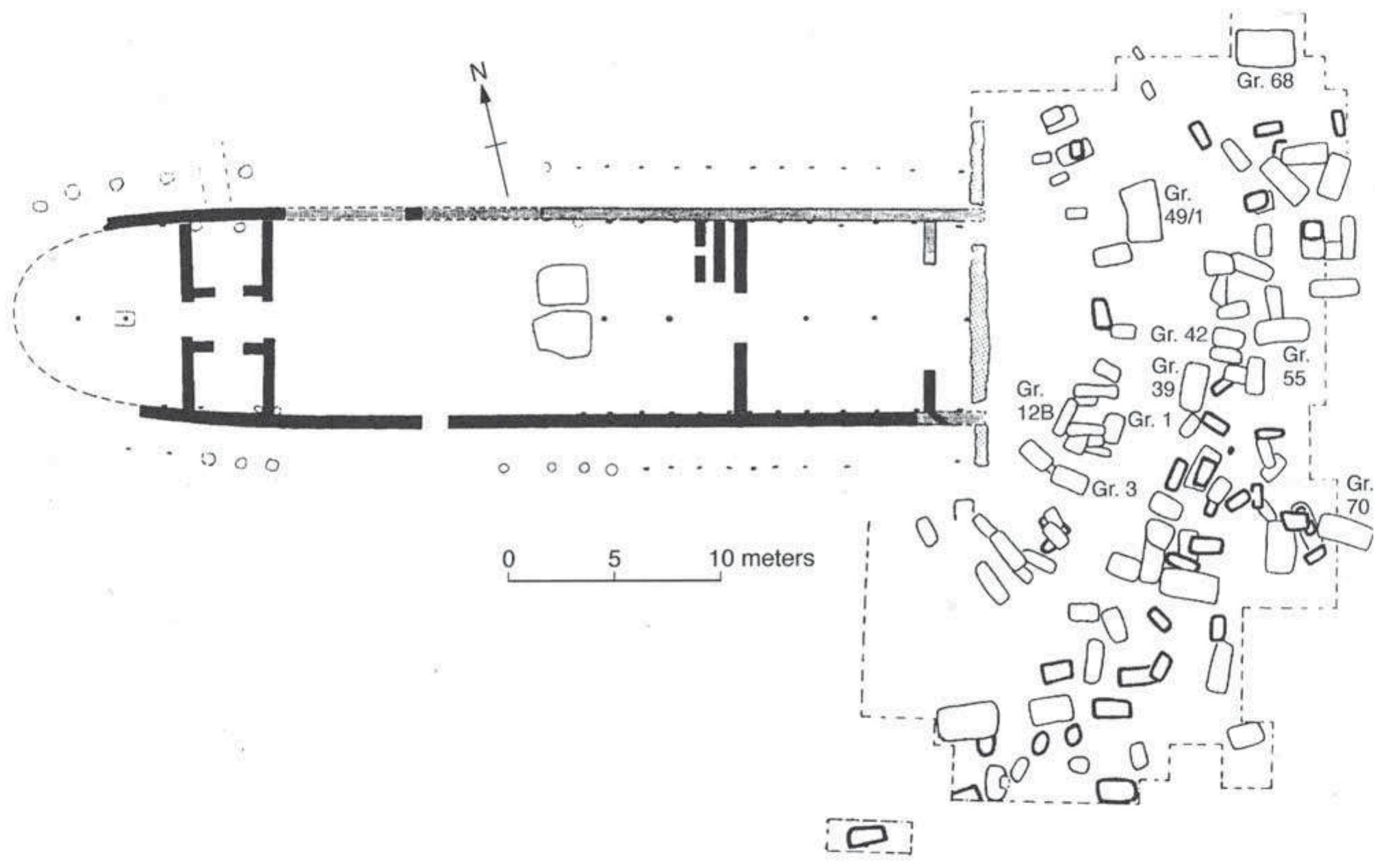 FIG. II-27: PLAN OF THE TOUMBA BUILDING WITH THE ‘HERO’ BURIAL AND THE ADJACENT LATER CEMETERY AT LEFKANDI ON EUBOEA (AFTER I. Morris 2000: 220 FIG. 6.5). 