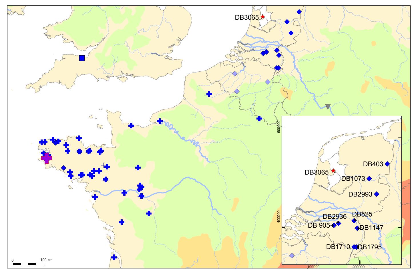 Figure 5. Distribution map of Type Tréboul spearheads (after Briard 1965, 86; O'Connor  1980, 63 list 18; 445, Map 11; Butler 1987; Hansen 1990; Maitay et a/. 2013, 12; LeClercq & Warmenbol 2018, 88). The location of the eponymous hoard is indicated with a purple cross. The location of the Twisk spearhead (DB 3065) is indicated with a red star. The inset shows the distribution of the presently known Dutch examples (after: Arnoldussen et a/. 2021, 121 fig. 4). 