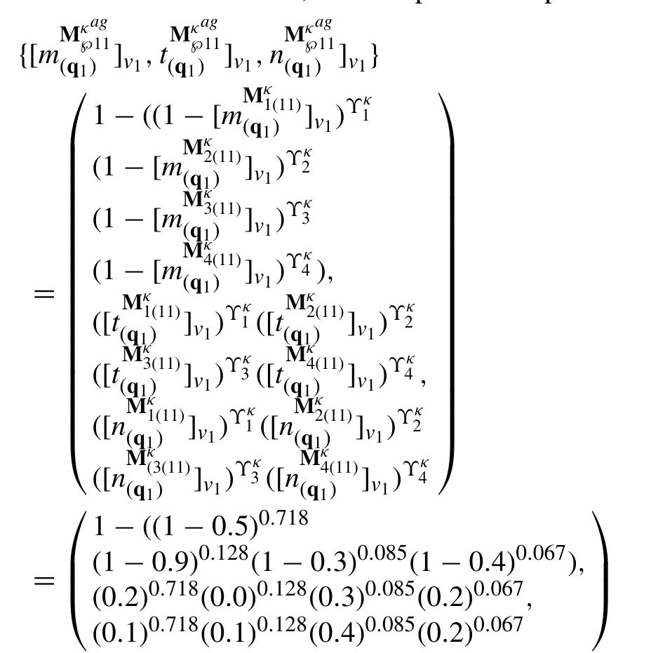 For the reader’s convenience, one computation is presented.  An aggregate matrix (15), as shown at the bottom of the next page.  Step 3: During the decision-making process, decision- makers could believe that not all attributes are equally important. Each decision-maker can then form their own opinion about the relative importance of certain attributes. The opinions of all the decision-makers regarding the significance of each attribute must be combined in order to obtain the collective judgement of the attributes that have been chosen. For this purpose, to calculate the weight of attributes based on the importance assigned by each decision- maker is given as shown in the equation at the bottom of the next page. 