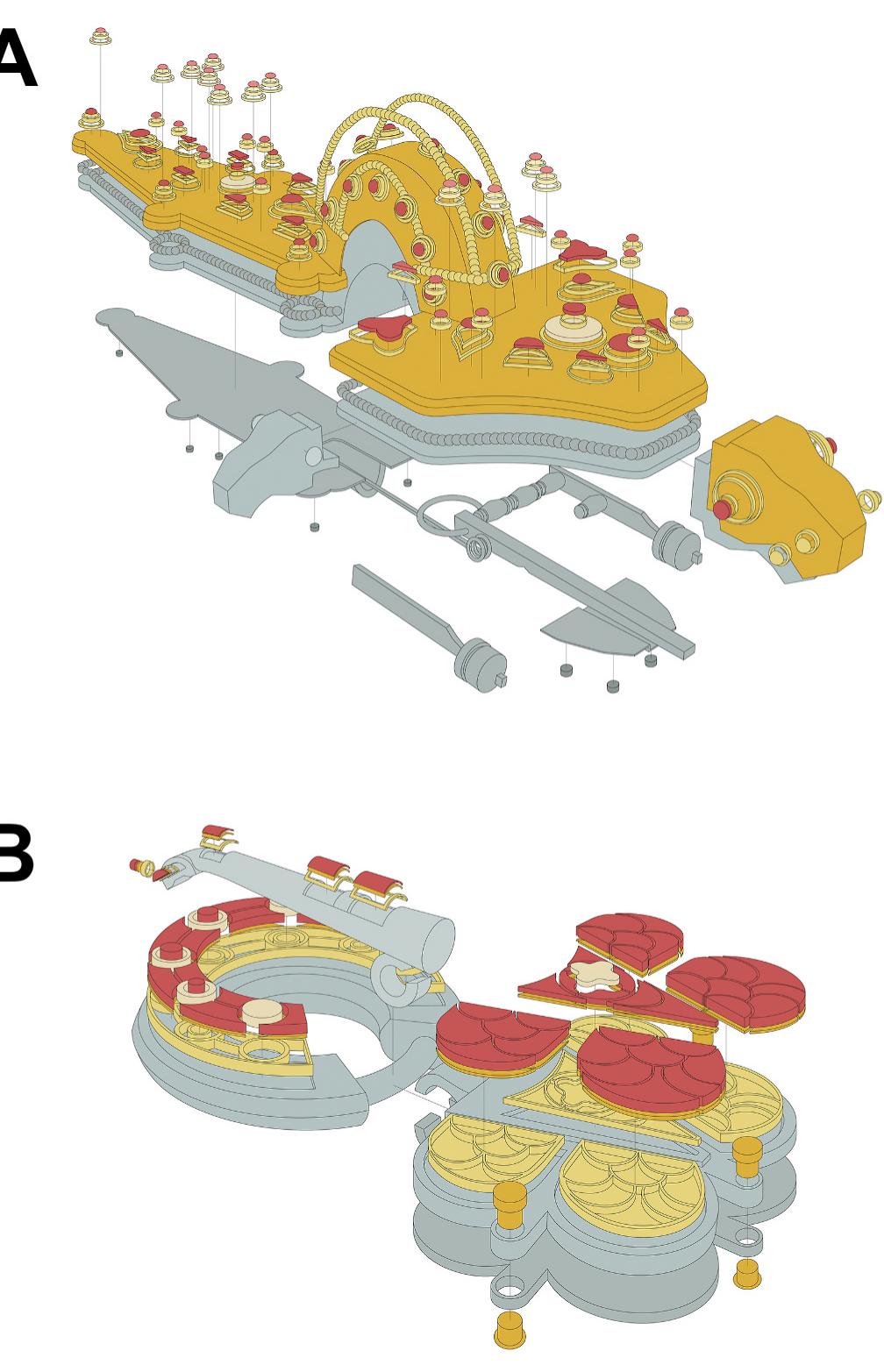 Fig. 2. 3D structural graphics of the brooches (A) and the buckle (B) from Regoly (graphics: V. Szinyei). 