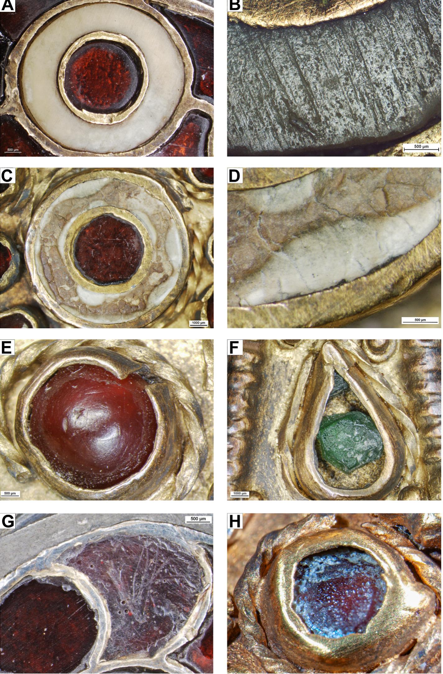 Fig. 3. Variety of gem and glass inlays on the polychrome jewellery from Regoly: magnesite on the buckle (A-B); magnesite on the brooch RegP/Br2 (C-D); carnelia on the brooch RegP/Br3 (E); green glass on the brooch RegP/Br2 (F); red glass on the buckle (G); red glass on the brooch RegP/Br3 (H) (photos: E. Horvath). (Fc interpretation of the references to colour in this figure legend, the reader is referred to the Web version of this article.) 