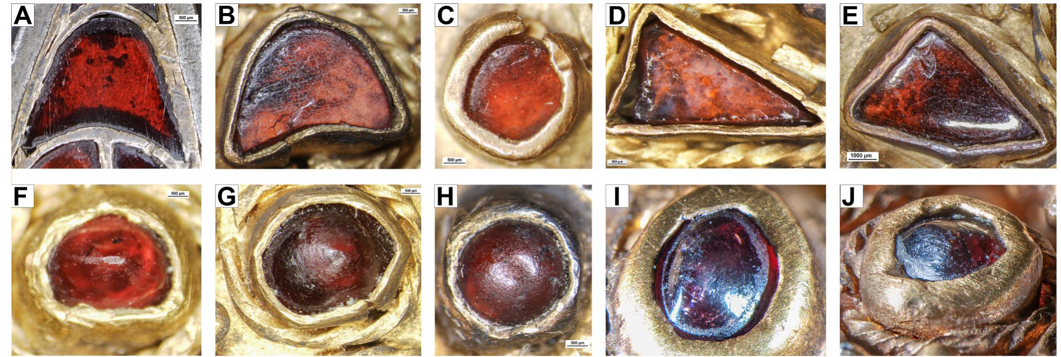 Fig. 9. The ten garnet inlays outlying Cluster H. A: RegP/Bul/Grt22 (unclustered Group X); B: RegP/Br2/7 (Cluster G); C: RegP/Br2/Grt49 (Cluster F); D: RegP/Br: Grt47 (unclustered Group X); E: RegP/Br3/Grt1 (Cluster B); F: RegP/Br2/Grt35 (Cluster G); G: RegP/Br2/Grt43 (Cluster D); H: RegP/Br3/Grt23 (Cluster G); I: Reg] Br3/Grt51 (Cluster G); J: RegP/Br2/Grt57 (Cluster B/G) (photos: E. Horvath). 