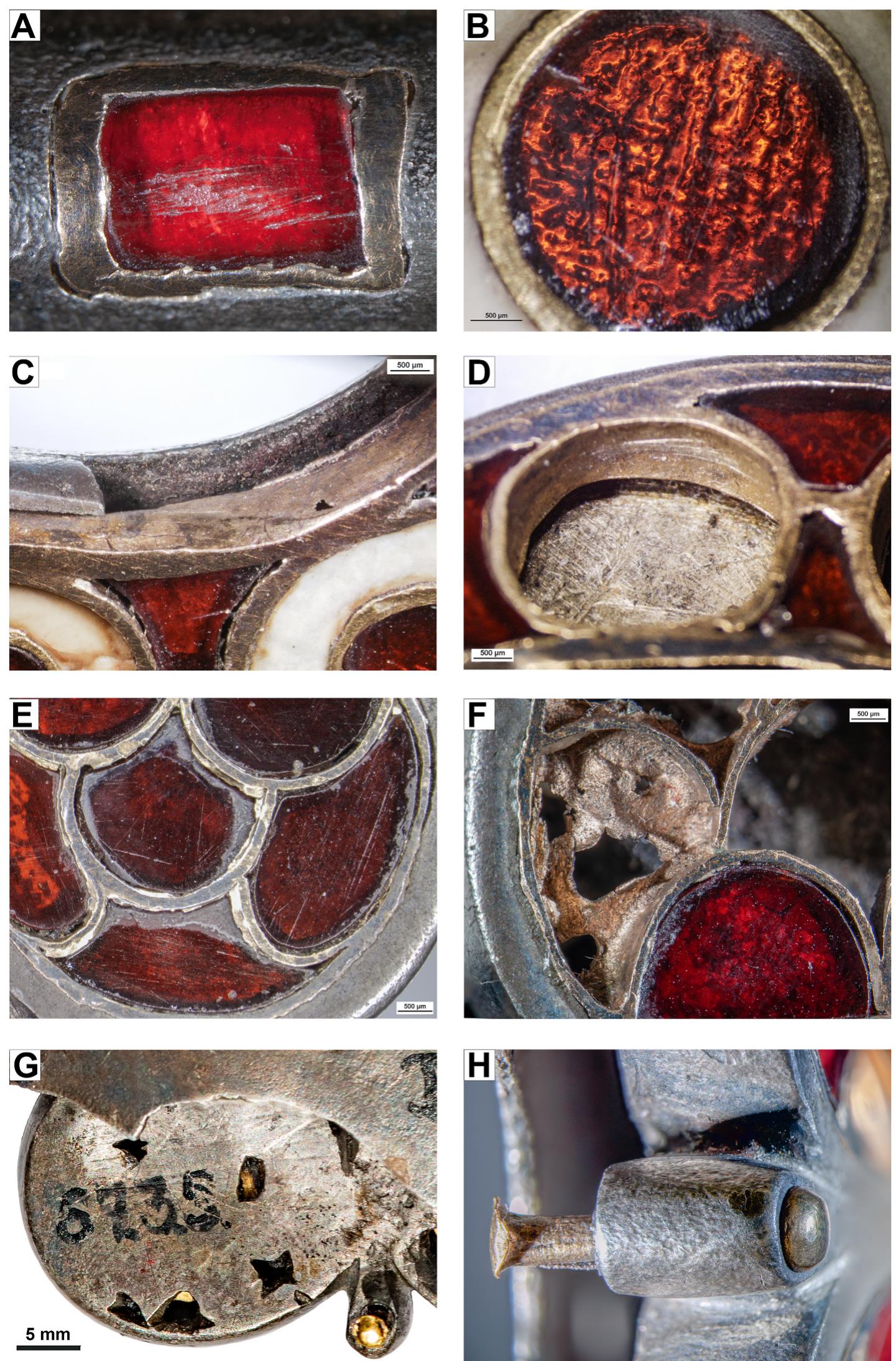 Fig. 10. Mounting and structural elements on the buckle from Regoly: single setting with standard champlevé technique on the tongue (A); cross-hatched backing foil showing through the inlay (B); units of cloisonné cellwork on the loop (C-D) and the plate (E-F); back-side of the buckle plate (G); golden rivet on the side of the buckle plate (H) (photos: E. Horvath). (For interpretation of the references to colour in this figure legend, the reader is referred to the Web version of this article.) 