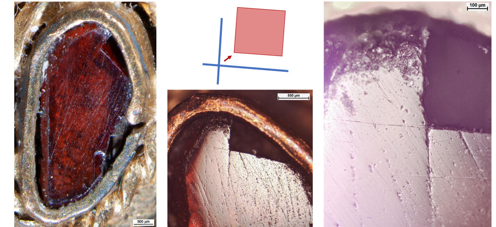 Fig. 11. Workshop debris used as a garnet inlay (RegP/Br3/Grt21) with the traces of marking lines and an illustration how the garnet keeps the negative shape of | previously marked and cut slab (photos and graphics: E. Horvath). 