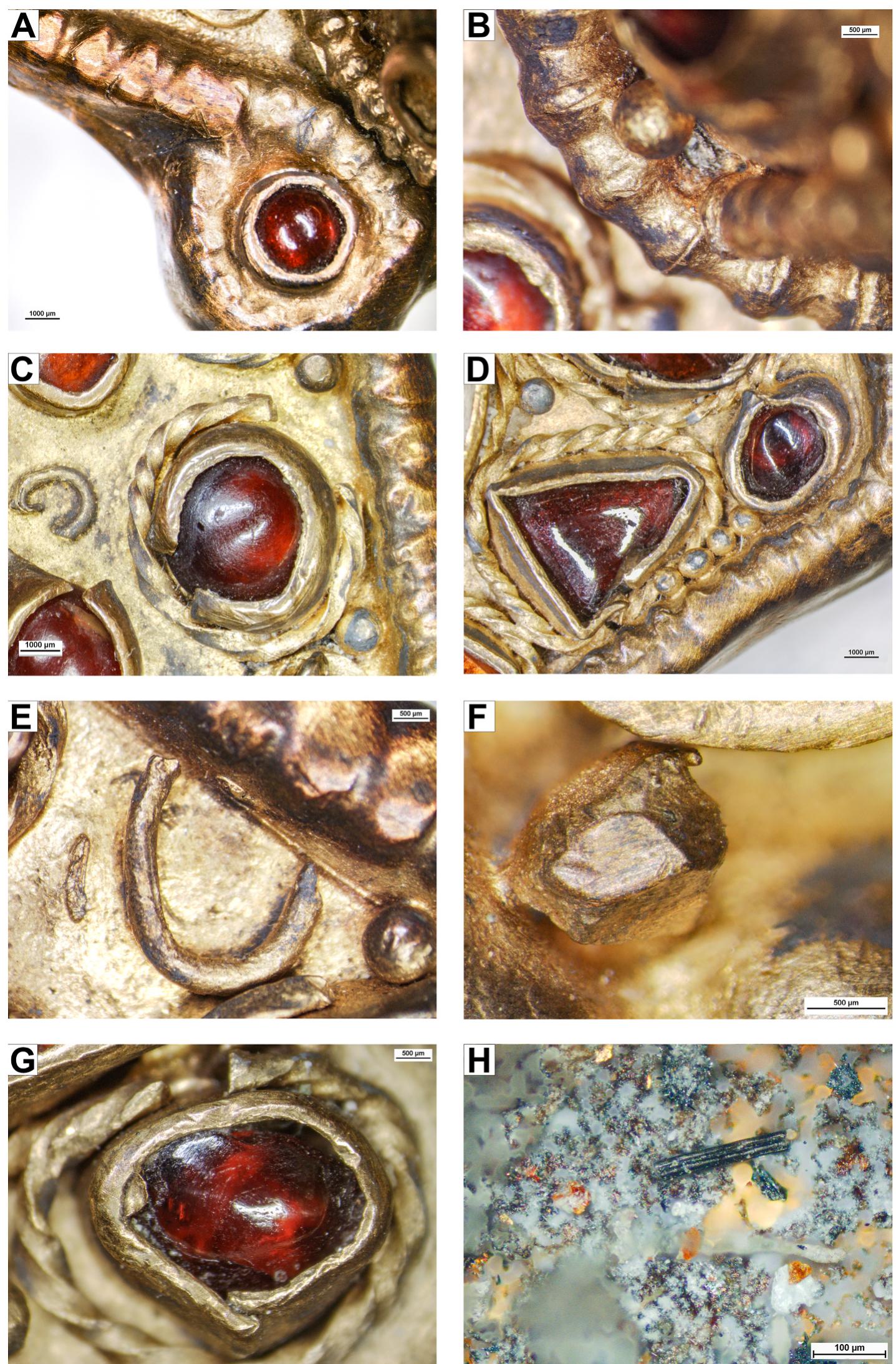 Fig. 12. Applied ornaments on the brooches from Regoly: gold-plated silver beaded wire (A), unplated gold beaded wire (B), bezel and filigree wire with imprecise joints (C), accumulation of granules (D), poor-quality filigree wire (E), poor-quality granule (F), plain backing foil turning up (G), remnants of backing paste witt charcoal (H) (photos: E. Horvath). (For interpretation of the references to colour in this figure legend, the reader is referred to the Web version of this article.) 