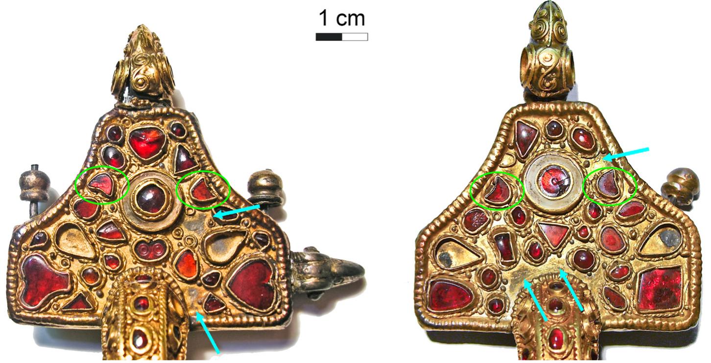 Fig. 13. Ornamental composition of gem settings on the brooches from Regoly: low-grade symmetry with repretitive motifs (green circles) and space utilisation witl voids (blue arrows) (photos: E. Horvath). (For interpretation of the references to colour in this figure legend, the reader is referred to the Web version of this article. 