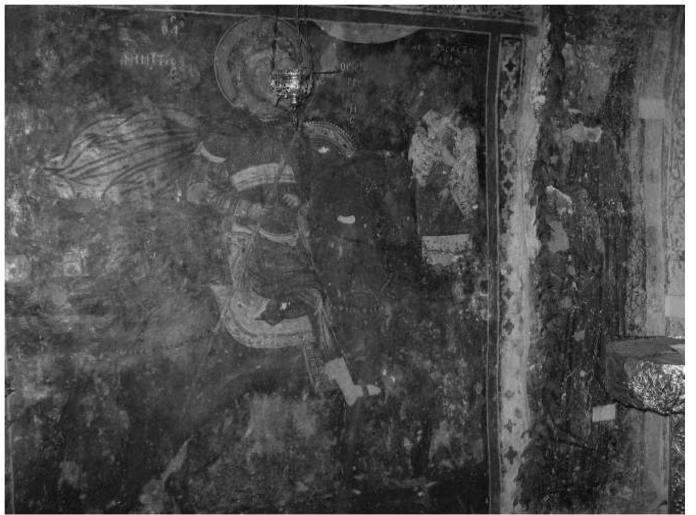 FIGURE 3: Lindos, church of Saint Demetrios. Saint Demetrios and the donor Flourou, late 