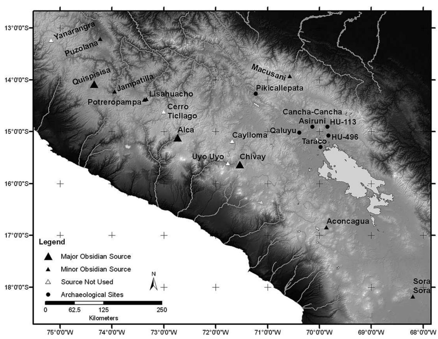 Fig. 1. Map of the Central Andes showing known obsidian sources and archaeological sites with obsidian artifacts that are mentioned in the text. 