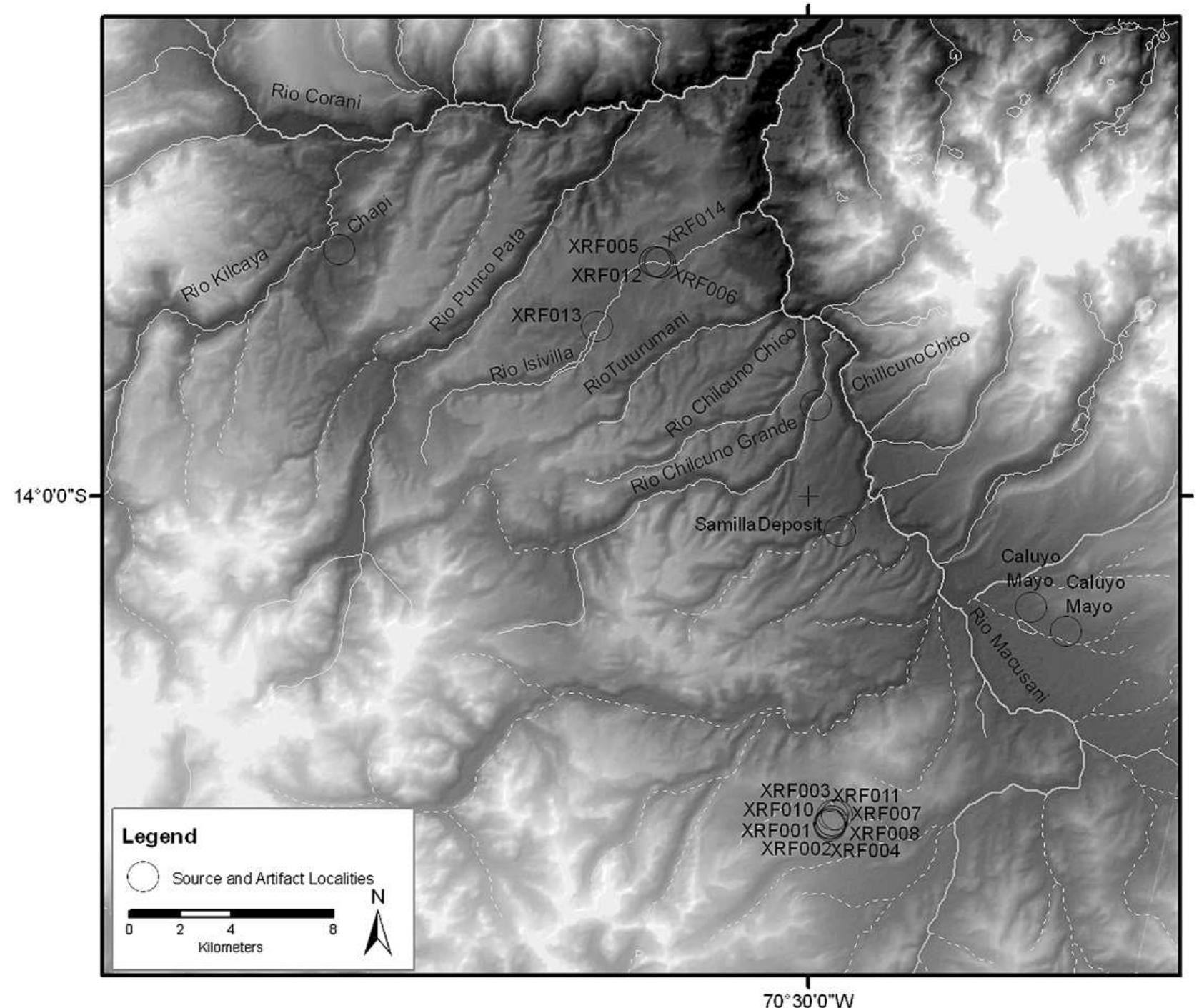 Fig. 2. Map of the Macusani obsidian source showing the location of source samples and archaeological artifacts mentioned in the text. 