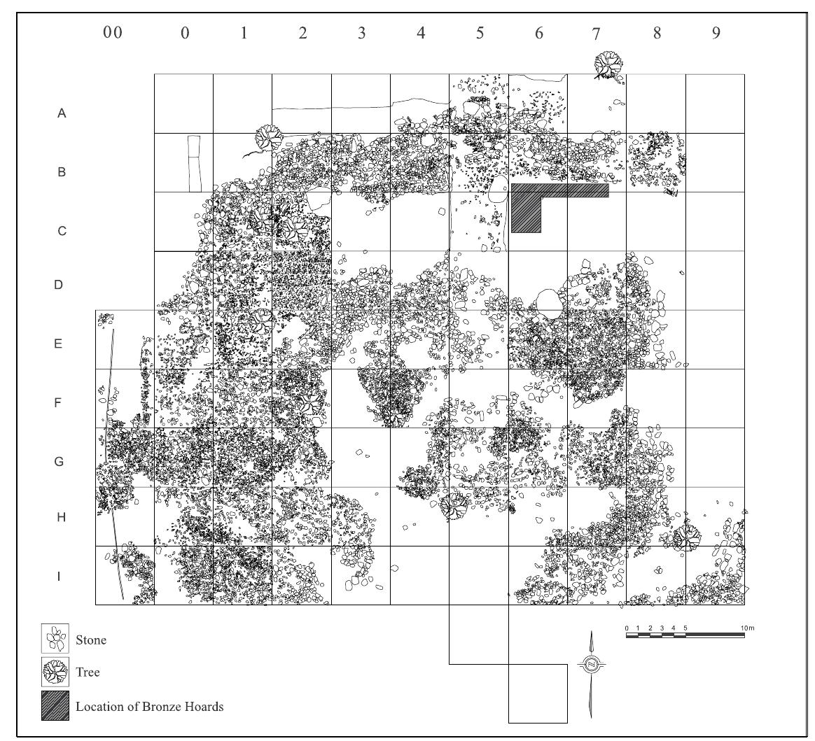 Fig. 2. Plan of the archaeological site at Sangtarashan after the 4" season of excavations. The hatched zone in the north-eastern part of site is the location of the bronze hoards discovered in the 1 excavation season. The studied samples in this investigation were found in the south and south-eastern part of the site.  The archaeological site is located in a flat farm at the southern slope of Taaf Mountain and close to the famous waterfall of Nojian. In 2003, it was found accidentally in the course of digging for water transport to the Sangtarashan village and was in 2004 recorded as No. 11221 in the List of [ranian National Monuments and Sites. Five excavation campaigns were conducted from 2006 to 2009 (Figs. 2, 3) under the supervision of Mehrdad Malekzadeh and Ata Hassanpour. 
