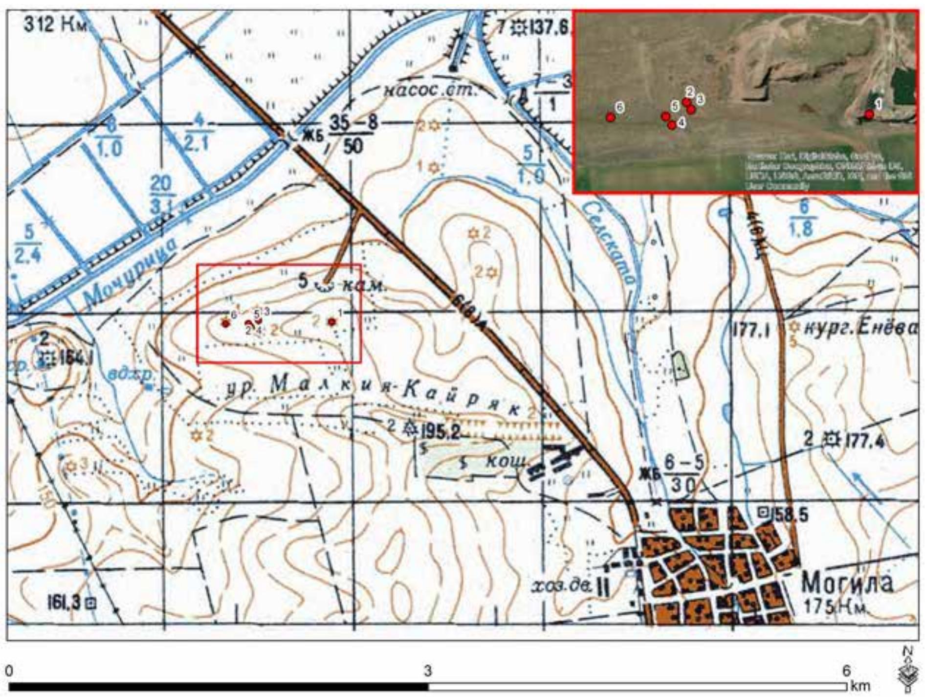 Fig. 1. Topographical map of the necropolis at Golemia Kayryak, NW of Mogila village. Mound No. I was excavated in 2004, Nos. 4 and 5 in 2018, and No. 3 in 2022 (map by P. Tuslova) 