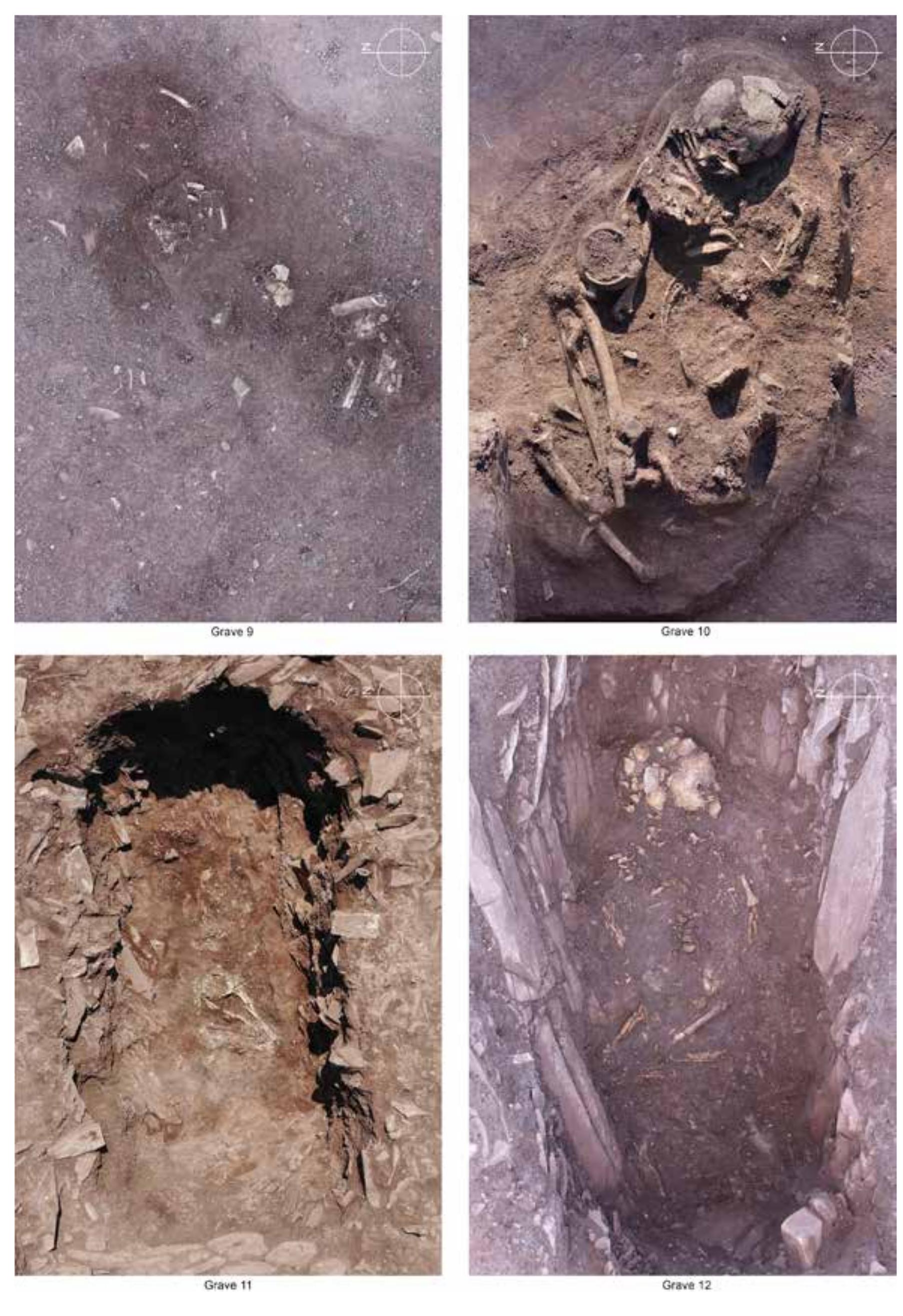 Fig. 16. Photos of graves No. 9-12; Nos. 11-12 are the primary burials. 3D reconstruction by J. Soucek, figure by D. Mildova. Out of scale 