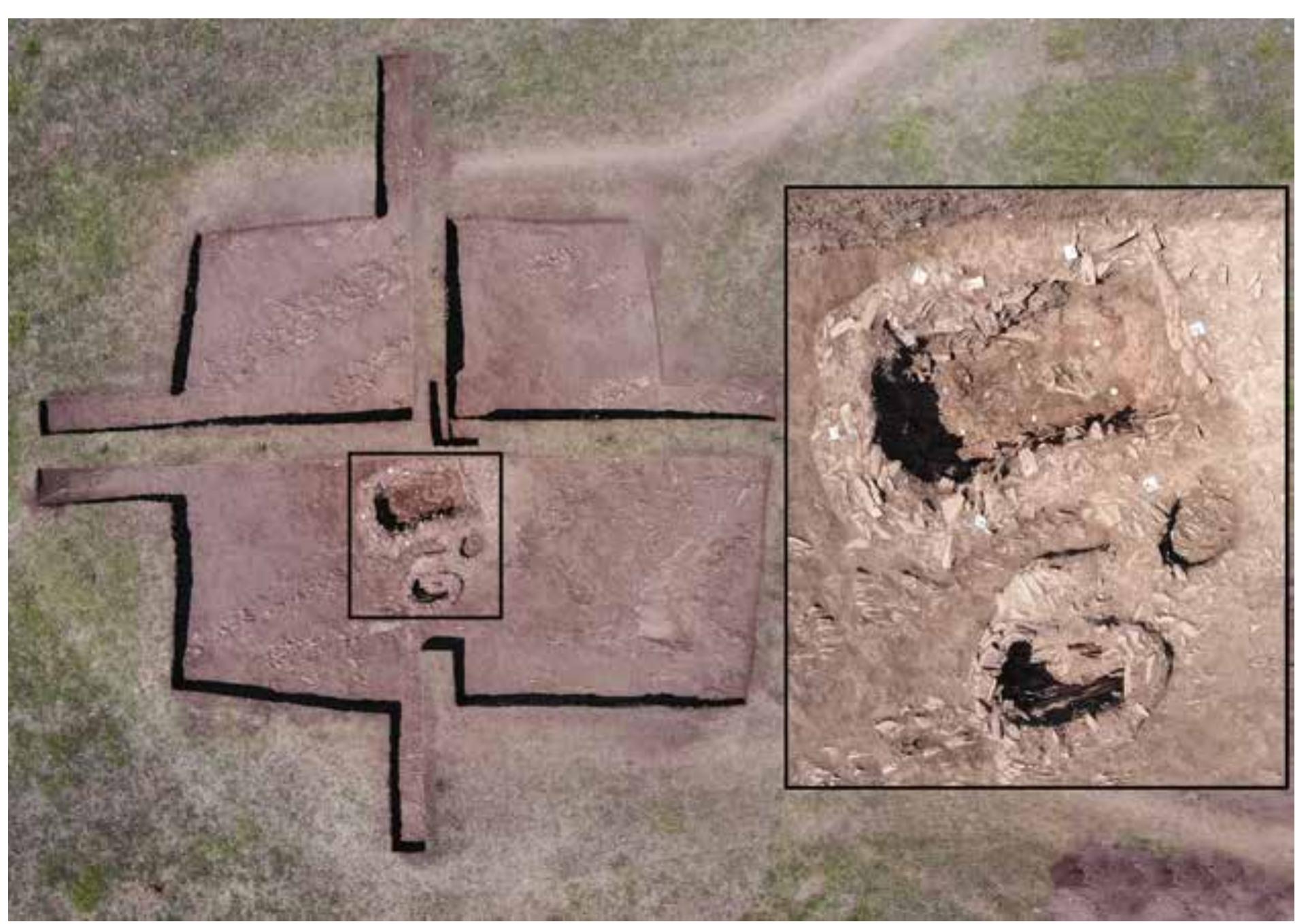 Fig. 20. One of the final photos of the excavated mound with the primary graves, No. 11 with the buried individual, and the surrounding bedrock (photos by V. Cistakova)  to iu  F- eS eS oaeSlCUrse  After a very long time, over a thousand years, more burials were dug into the mound. The first burial of the new grave horizon is probably the double grave of a man and a woman, established at the centre of the mound (Grave 3/8) and covered by another 30-35 cm of soil supported by a stone structure at its northern perimeter. This happened during the Late Bronze Age when another three burials (Graves 1, 7, and 10) were also dug into the southern part of the mound. The deceased in all these graves were 
