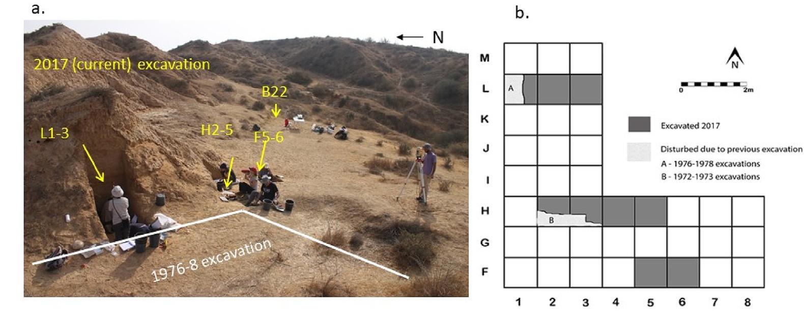 Fig. 2. Far’ah II - previous and current (2017) excavations. (a) Photo of the study area looking West, (b) Map of main current excavation area 