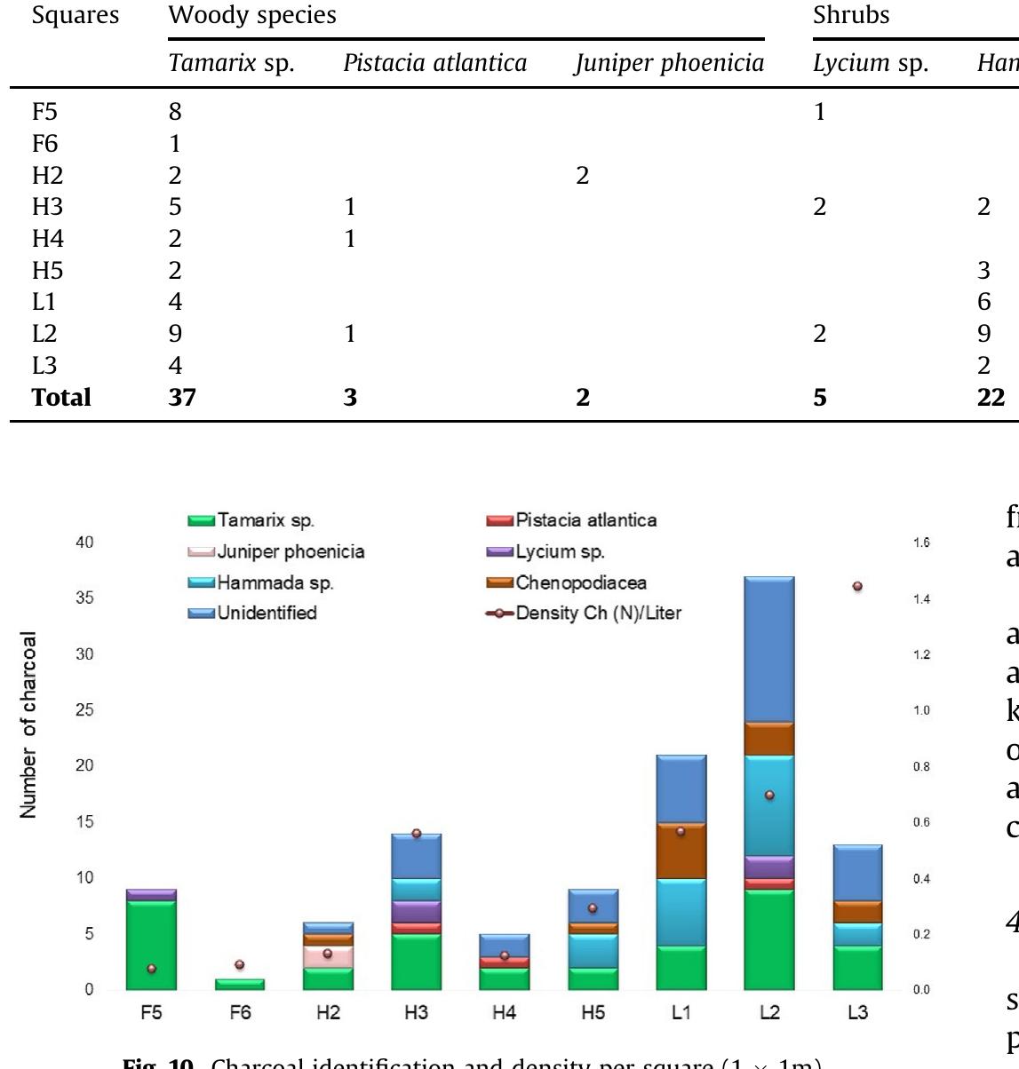 Charcoal identification (counts of individual charcoal fragments identified). 