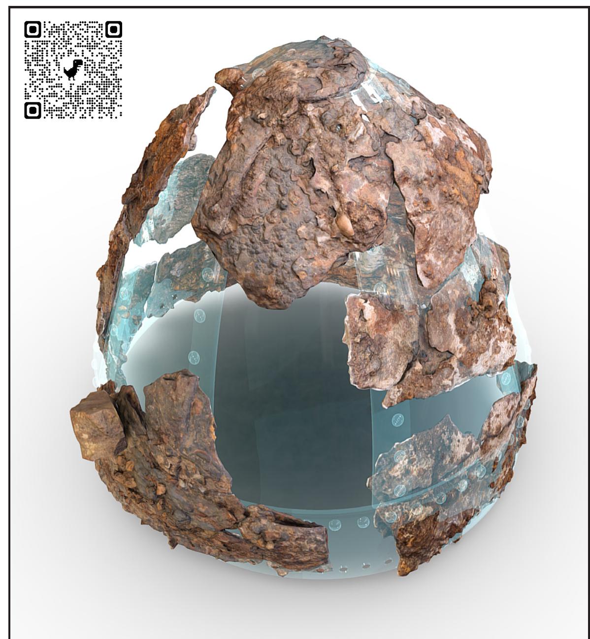 The Spangenhelm from Capidava is made from four strips of iron (the Spangen) riveted on a circular base (crown-strip) and on top on a central roundel. The protective plates are riveted from the inside of the bowl of the helmet. Their margins are irregular, but being rivetted from the inside the irregularities are not visible. The estimated diameter of the crown band of the helmet is somewhere between 19 and 20 cm and the reconstructed height is around 19 cm. The width of the crown band is just under 4.3 cm and the width of the bands is between 4 (at the roundel) and 12 cm (at the crown). The interval iron strips are thinner than the main bands, between 2 and 8 cm. The top iron roundel measures 5 cm in diameter and the rivet holes about 0.35-0.4 cm with the head of the rivets  Fig. 6 The Iron Spangenhelm from Capidava (for the interactive model see the OR code) 