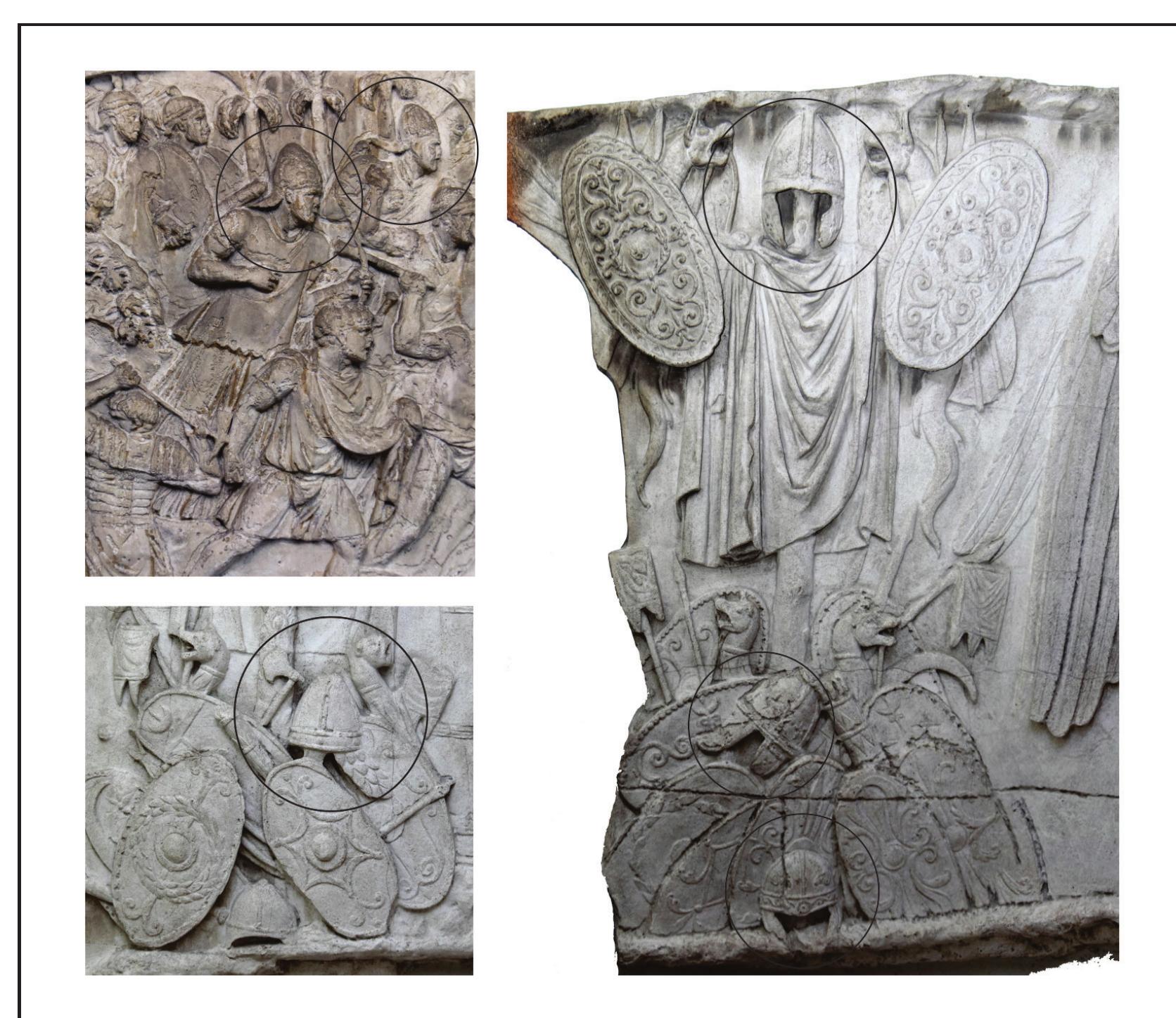 Fig.7 Representations on Trajan'’s Column of the similar type of Spangenhelms with four Spangen 