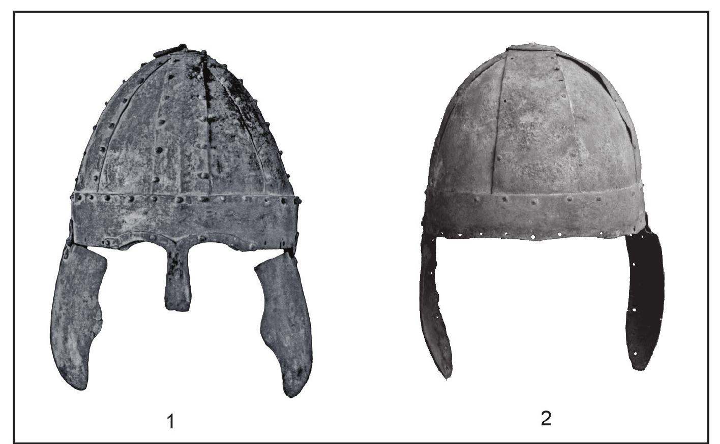 Fig. 8. 1. The iron Spangenhelm from Dar-el-Medineh (after Dittman 1940, Taf: 15); 2. The iron Spangenhelm from Leiden (after Vogt 2006, Farbtafel 7) 