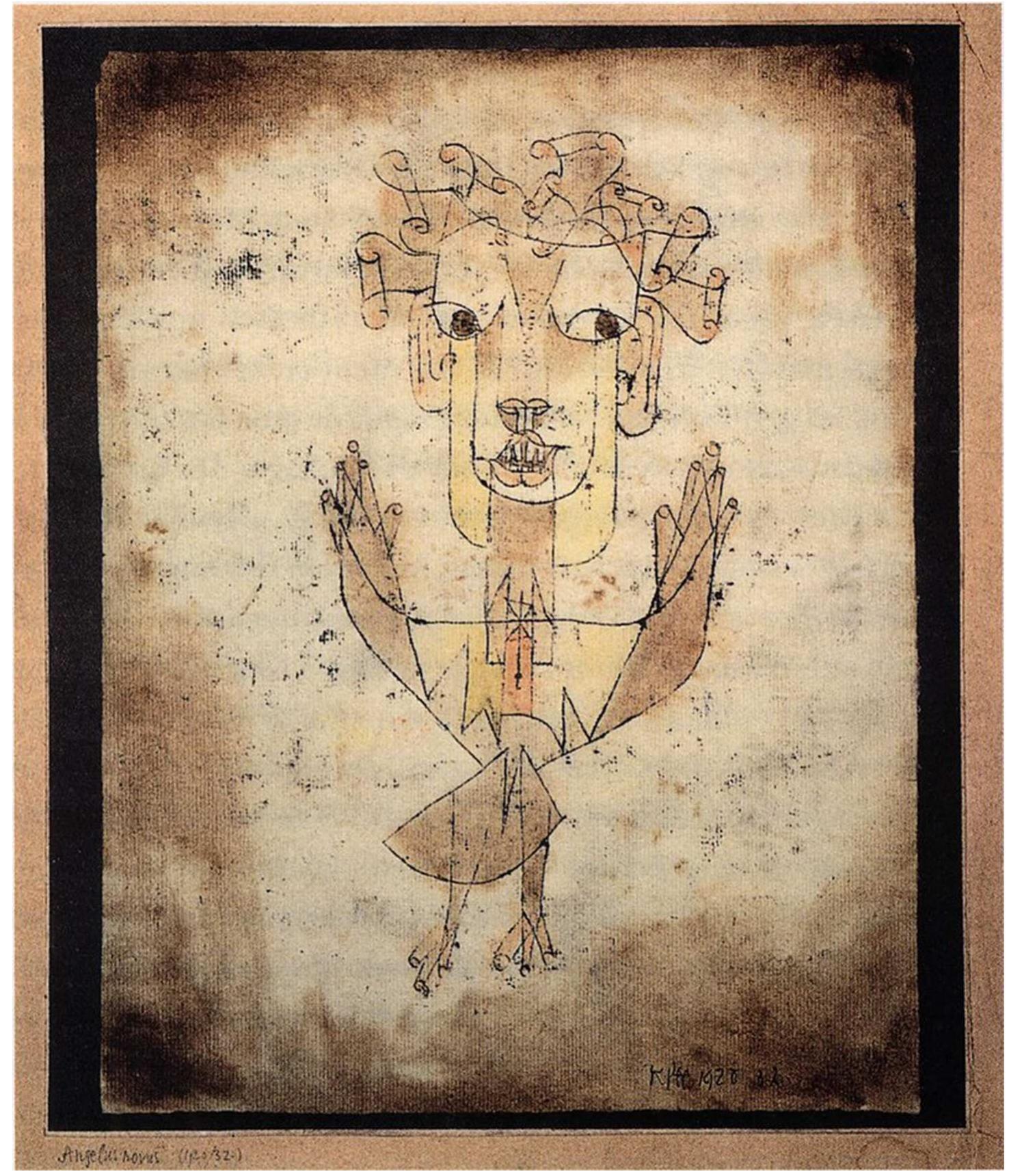 P. Klee, Angelus Novus (1920), Israel Museum in Jerusalem.  SNUY HS SLIUWS Gil allsti IVUUNIIS Go Uist te ts aAUUUL LU move away from something he is fixedly contemplating. His eyes are staring, his mouth is open, his wings are spread. This is how one pictures the angel of history. His face is turned toward the past. Where we perceive a chain of events, he sees one single catastrophe which keeps piling wreckage upon wreckage and hurls it in front of his feet. The angel would like to stay, awaken the dead, and make whole what has been smashed. But a storm is blowing from Paradise; it has got caught in his wings with such violence that the angel can no lon- ger close them. This storm irresistibly propels him into the future to which his back is turned, while the pile of debris before him grows skyward. This storm is what we call progress” (Benjamin, 1969, p. 257-58). Scholem writes that Klee’s painting literally served Benjamin "as a picture for meditation and as a memento of a spiritual vocation” (Sholem, 1976, p. 210). The gaze of the angel seems to “encompass horror, blessing, melancholy, and hope; its eyes are both averted and staring; the drawing itself is at once childlike and fragmentary, enigmatic and emblematic” (Handelman, 1991, p. 345).   His reflections on history ask what can emerge from the ruins of the secular. A plausible answer to this rad- ical and ultimate question comes in the form of a met- phor: the angel of history. Behind this allegory stands the fact that (as recounted by his friend Gershom Scholem) Benjamin once purchased a painting of Paul Klee entitled Angelus Novus, that Scholem reports being “his most important possession” (Sholem, 1976, p. 219). With Benjamin’s words, “a Klee painting named Angelus  