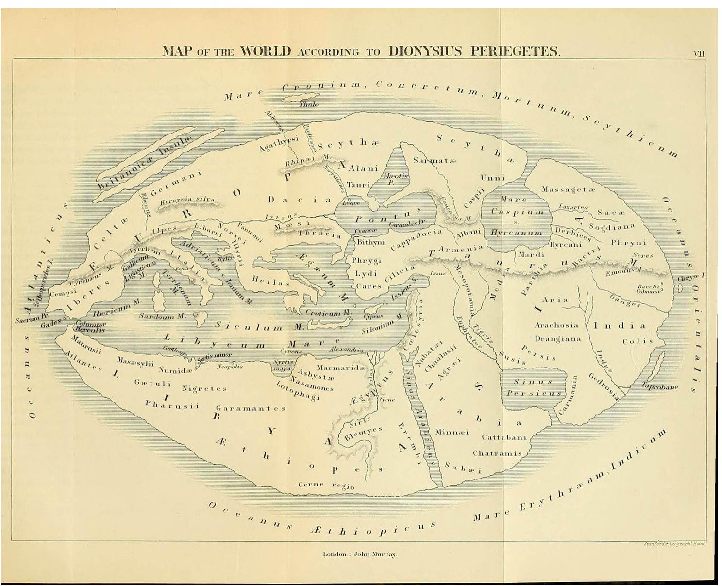 UH Pianests MIMeStTauve WOLIGVICW The perception of continenta divisions and differentiations and the maps having geographical labels and boundaries have been shaped by the world-visions transforming through centuries. When we look at the ancien texts, we may see that the geographica   Figure 3. World map according to Dionysius (124 AD), as demonstrated by Edward Herber Bunbury (1879).  information was limited to the symbolic and religious depictions of the world before the fifth century BC (Brotton, 2013). The Greek and Roman periods (between the fifth century BC and the fifth century AD) focused on recording geographical information and mapmaking (Merrills, 2005). In the Age of Exploration (between the fifteenth and seventeenth centuries), on the other hand, accurate maps were driven by explorations, which led to technological advancements in cartography (Edney, 1993). However, in the seventeenth and eighteenth centuries, fueled by the Enlightenment’s emphasis on reason and _ scientific inquiry, mapmakers began to employ mathematical calculations and more sophisticated surveying methods (Barber, 2020). This resulted in the creation of standardized and highly accurate maps, forming the foundation for the detailed maps we rely on today. Therefore, the transfer of the geographical information in ancient exts occurred gradually, and also helped manifest visually and document the changing perception of the world hroughout the time.  