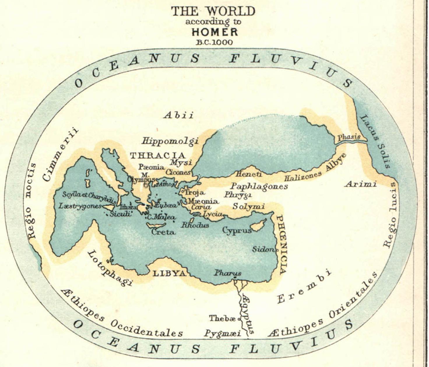 Figure 4. Homer’ view of the earth (8th/9th century BC), as given in the Voyage of HMS Challenger (Murray, 1895).  Piranesi was familiar, however, with the more ancient world perspective of the second century AD, which did not distinguish between East and West. Their maps alluded to the world, which  We come across the representation of the idea of Oriental cultures in Pi- ranesis latest drawing series, which comprised different views taken from the Paestum in Naples, Italy. Piranesi 