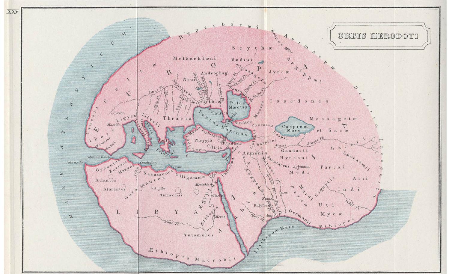 Ancient Romans also used the terms of “Europe” and “Asia” to define their  For the Greeks, the word “barbar- ian” meant “the inferior who does not speak as we do.” Similarly, Hebrews designated Egyptians, the major oth- er culture they know in archaic times, as “stutterers” (Schwab, 1984). Indeed, both references judge the alien as neg-  Figure 5. Herodotus’ World Map, 450 BC, as given in The Atlas of Ancient and Classical Geography by Samuel Butler (1860). 