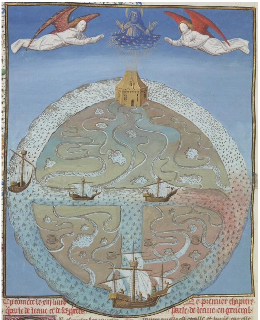Figure 6. A probable T-O map titled “Les propriétés de leau” (The Properties of Water) in Bartholomaeus Anglicus’ (1203-1272) De Proprietatibus Rerum (The Properties of Things), as illuminated by Evrard dEspinque in Jean Corbechon’s (2021) French translation in 1480. 