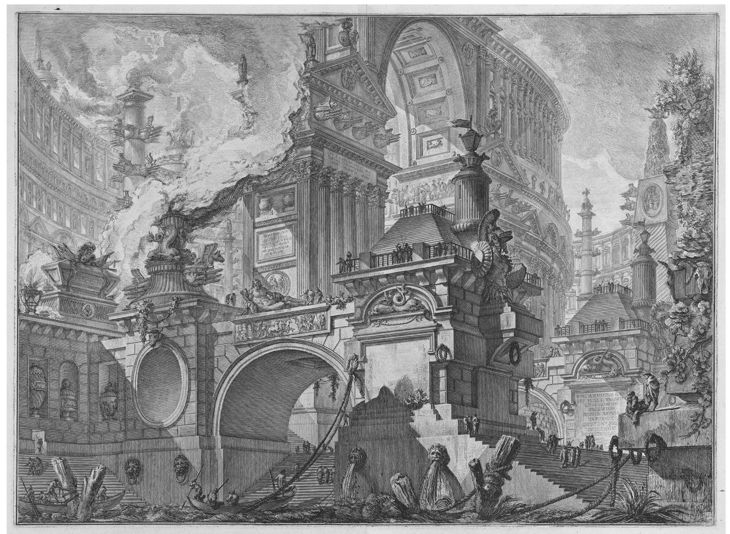 Figure 10. Parte di ampio magnifico porto, Opere Varie, 1750.  This appears by no means exhausted its topic. It primarily sought to estab- lish the ground for viewing Piranesi in relation to the question Orientalism and placed Piranesi in the double cur- rent of the eighteenth century between past, traditional conceptions and mod- ern, Colonialist ones. Though Piranesi continued reflection in the traditional vein, he bore an entirely new direction out of it. Much of his work set the tone for future decades. Furthermore, as we may comprehend that he did not have an Orientalistic view, but very radical belief referring Egypt as the root of both Italian and European architec- tures and civilizations. On the con- trary, as we see, interpretations on Pi- ranesi are erroneously focused on the perceptions considering him Oriental or idiosyncratic.  