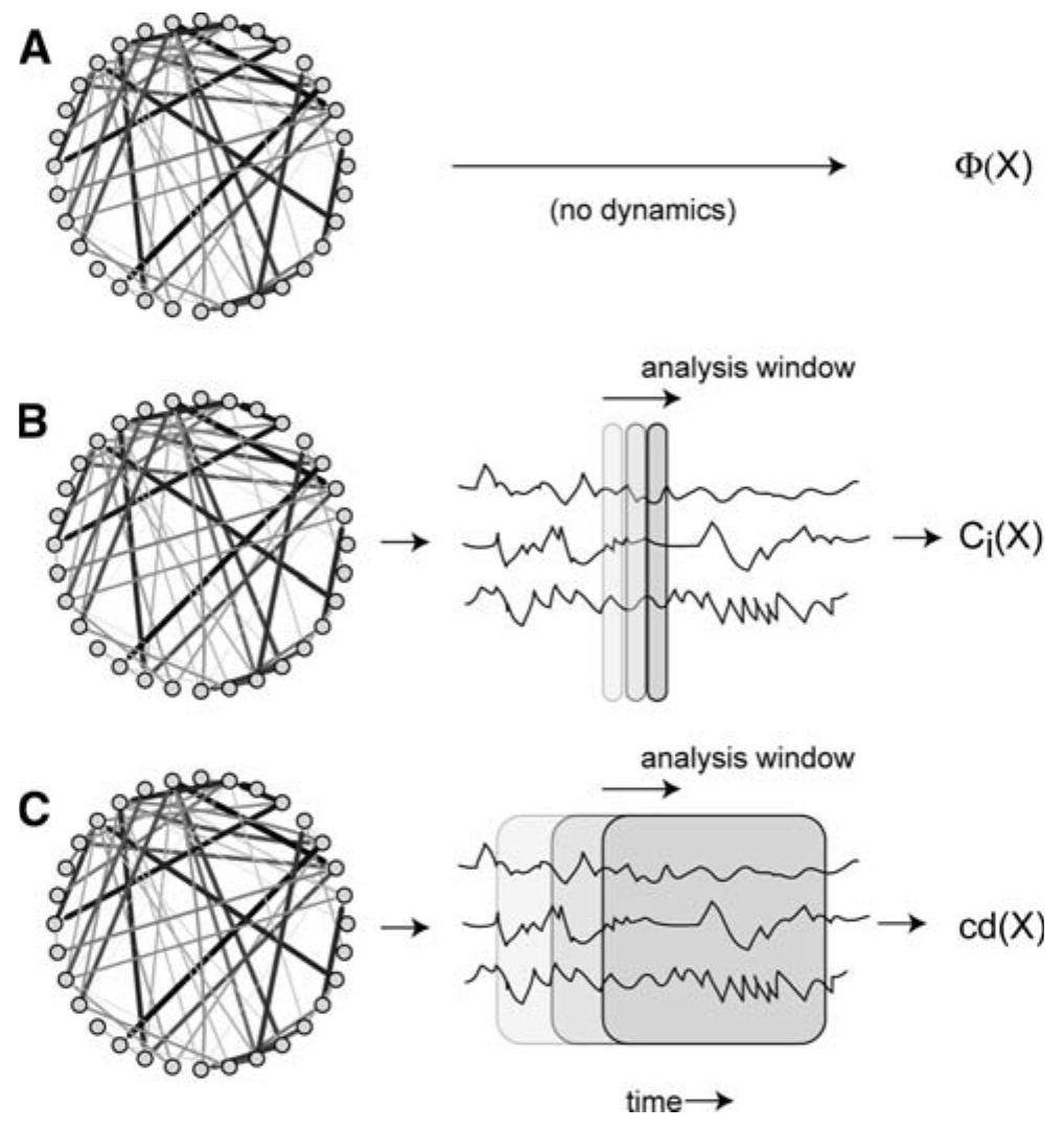 Fig. 2 Incorporation of time by measures of dynamical complexity for a neural system X. a Information integration is a static measure; it can be measured by assuming Gaussian dynamics which allows analytic calculation directly from the network anatomy [96]. b Neural complexity can be either a static measure or a dynamic measure. Analytic calculation of neural complexity can be accomplished in the same way as for information integration, yielding a measure of capacity. Alternatively, neural complexity can be calculated on the basis of the recorded activity of a network, yielding a measure of ‘interactive complexity’. However, interactive complexity is sensitive only to ‘thin’ dynamics, since it is calculated on the basis of zero-lag temporal correlations. ec Causal density is by definition a dynamic measure, since it reflects Granger causality interactions that depend on multivariate modelling of network dynamics. Causal density is sensitive to temporally smeared dynamics because a given multivar- iate model will reflect temporal interactions across a time period that depends on the number of ‘lags’ incorporated into the model 