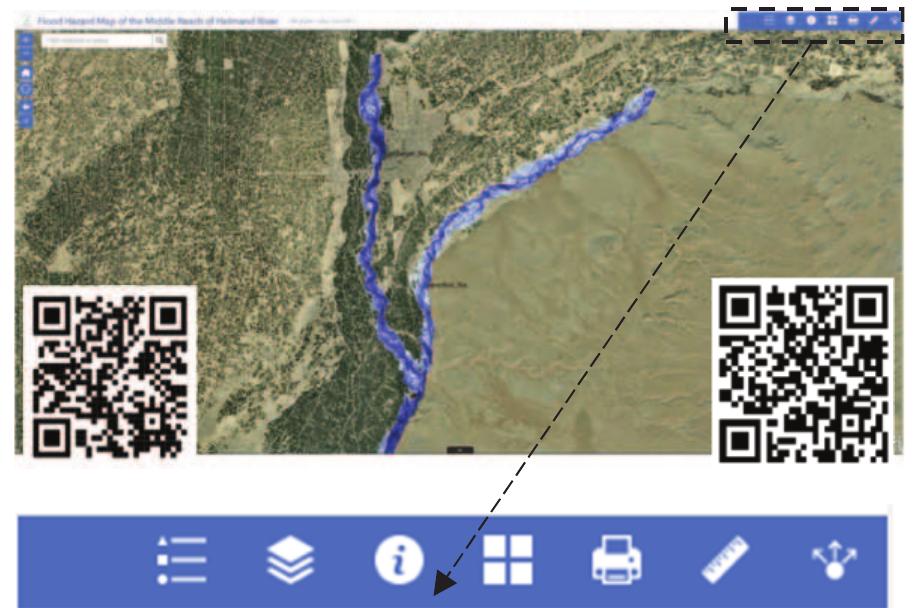 Web map application screen and the qr codes of the links for