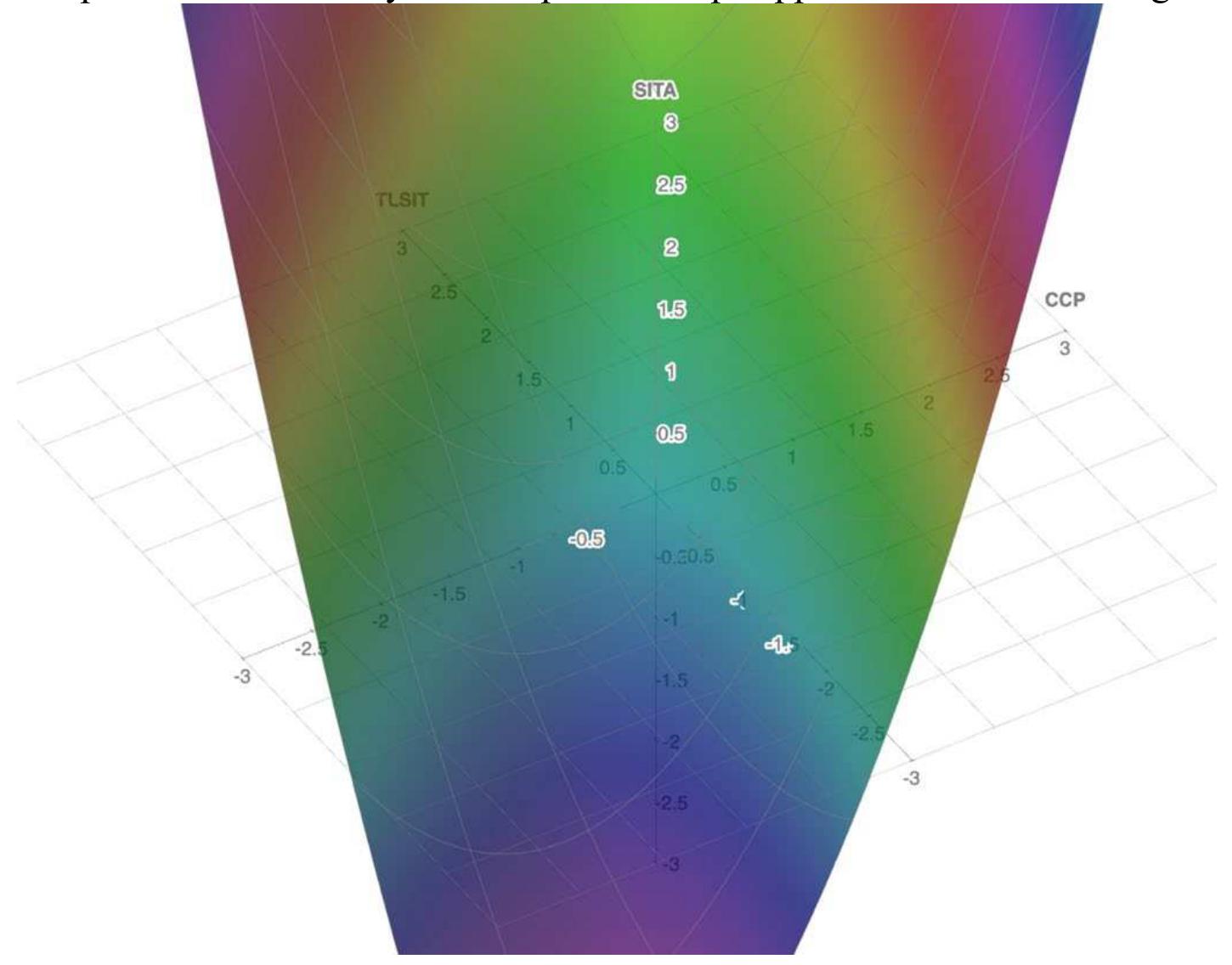 Figure 5c. 3D Response Surface Analysis of Top leadership support and CPP on Strategic alignment  levels of CCP and top leadership support did not result in the highest strategic alignment scores, which we 