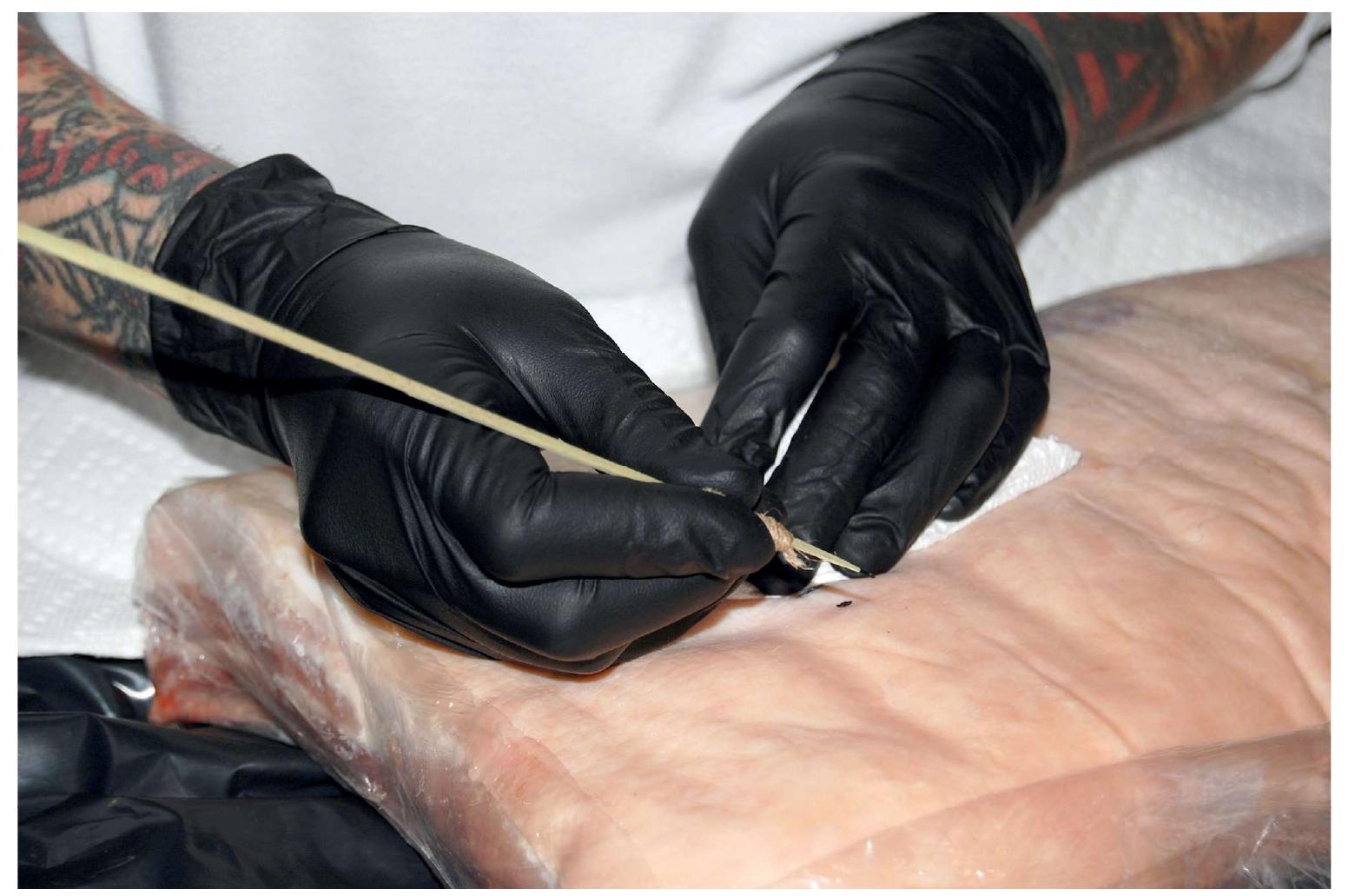 Prior to tattooing, the area of the pigskin to be tested was rubbed with petroleum jelly to prevent extraneous ink staining. All selected tools were dipped in modern commercial tattoo ink and used to hand-tattoo lines at least 10 cm in length, or until the tool broke. The tools were repeatedly dipped in ink during the tattooing process, and additional pigment was periodically applied to the surface of  Initial experimental tests were performed with the aid of Nashville, Tennessee, tattoo artist Chris Saint Clark, in order to gain a professional perspective on the relative suitability 