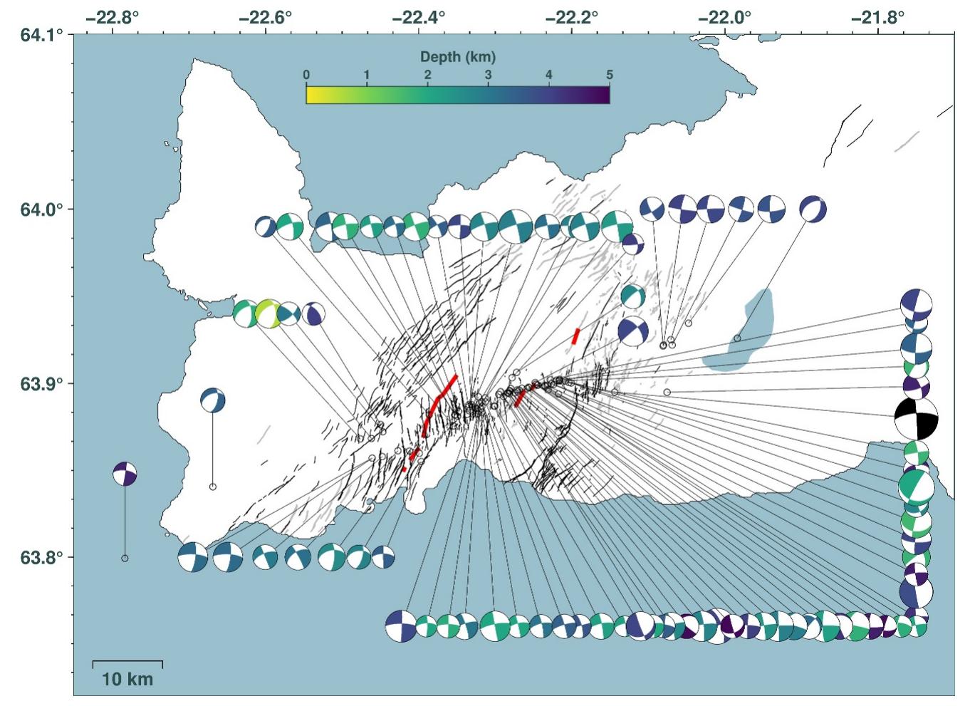 Figure 6. The beach-balls depicting double-couple part of the CMT solutions (lower hemispheric projections) of 83 selected earthquakes (My > 2.7) retrieved in this study. The colors of the beach-balls indicate the centroid depths of the earthquakes. The black beach-ball indicates the CMT of the 20 October 2020 Mw = 5.6 event at Krysuvik (GEOFON). Gray and black lines indicate surface fissures and faults that were active in 2019 and 2020-2021, respectively (Ducrocg et al., 2024). Red lines indicate eruptive fissures active from 2021 to 2024.  parameters for all models. For Model 2, a shallow low-velocity layer was added to Model | to see the effect of near-surface properties on the inversion. The M,,, components are estimated to be 14.6 + 4.6%, 15.8 + 5.2%, and 15.7 + 5.2% for the Model 2, Model 3, and Model 4, respectively, while the M,,,,, components are estimated to be 7.6 + 12.3%, 6.0 + 12.6%, and 6.0 + 12.7%. The mean centroid depths are 3.1 + 0.2 km, 2.8 + 0.2 km, and 2.8 + 