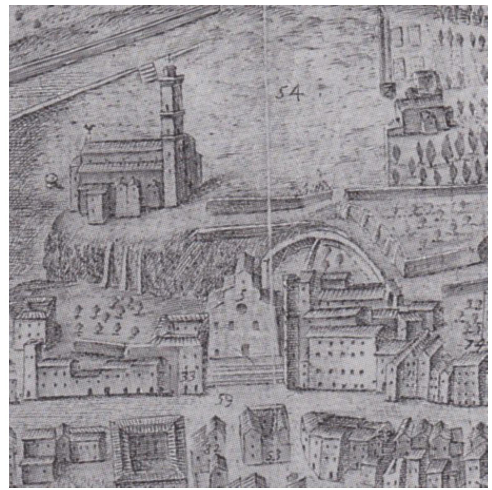 Fig. 5. Map of the city of Fermo, 18 century, Fermo, Biblioteca civica “Romolo Spezioli”, Fondo disegni e stampe, detail with the church of Santa Maria della Carita (number 5) 