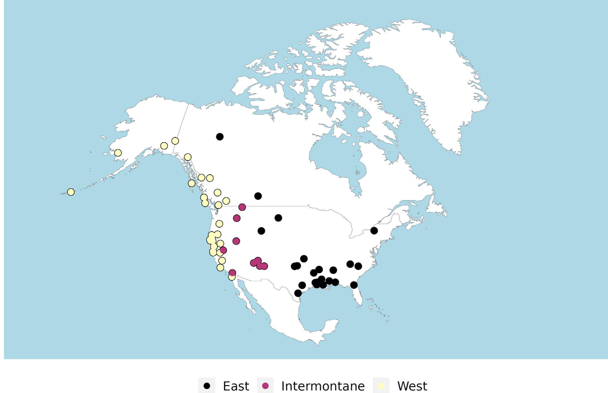 FIGURE 1. Geographical locations of languages in sample. The large blank region in the east is due to the wide distributions of four families (Eskimo-Aleut, Athabaskan, Algonquian, Siouan), which are represented elsewhere in the sample. 
