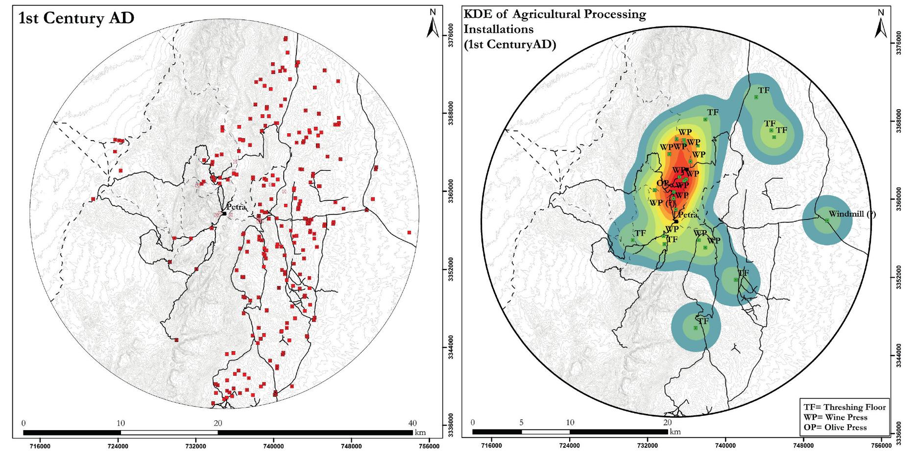 Figure 2. Distribution of 1st century AD settlement sites (left) and kernel density estimation of contemporary agricultural processing installations in the Petraean hinterland. Maps: W. M. Kennedy.  This corresponds to the Nabataean ‘sedentarization process’ and increasing need for agricultural goods.'® Together with the contemporary increase of farms and agricultural installations (i.e. 