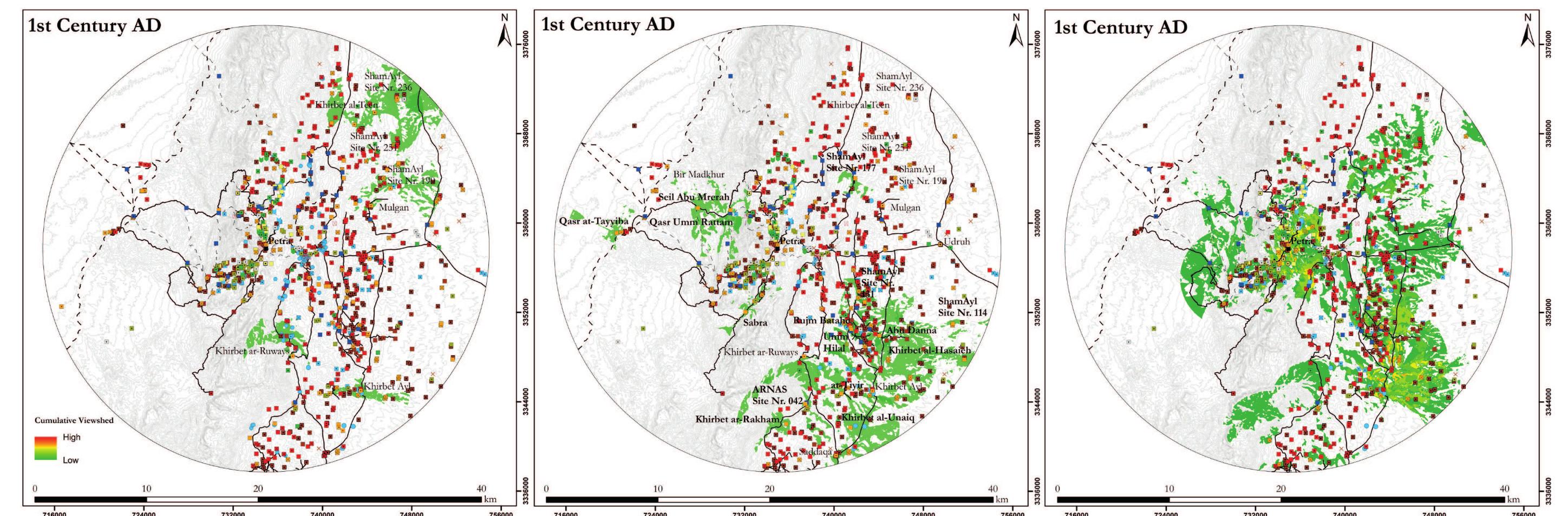 -igure 3. ‘Visual hierarchies’ of 1st century AD military sites in the Petraean hinterland. Left: Cumulative viewsheds of identified forts; centre: of identified fortlets; right: of identified watchtowers. Viaps: W. M. Kennedy. 