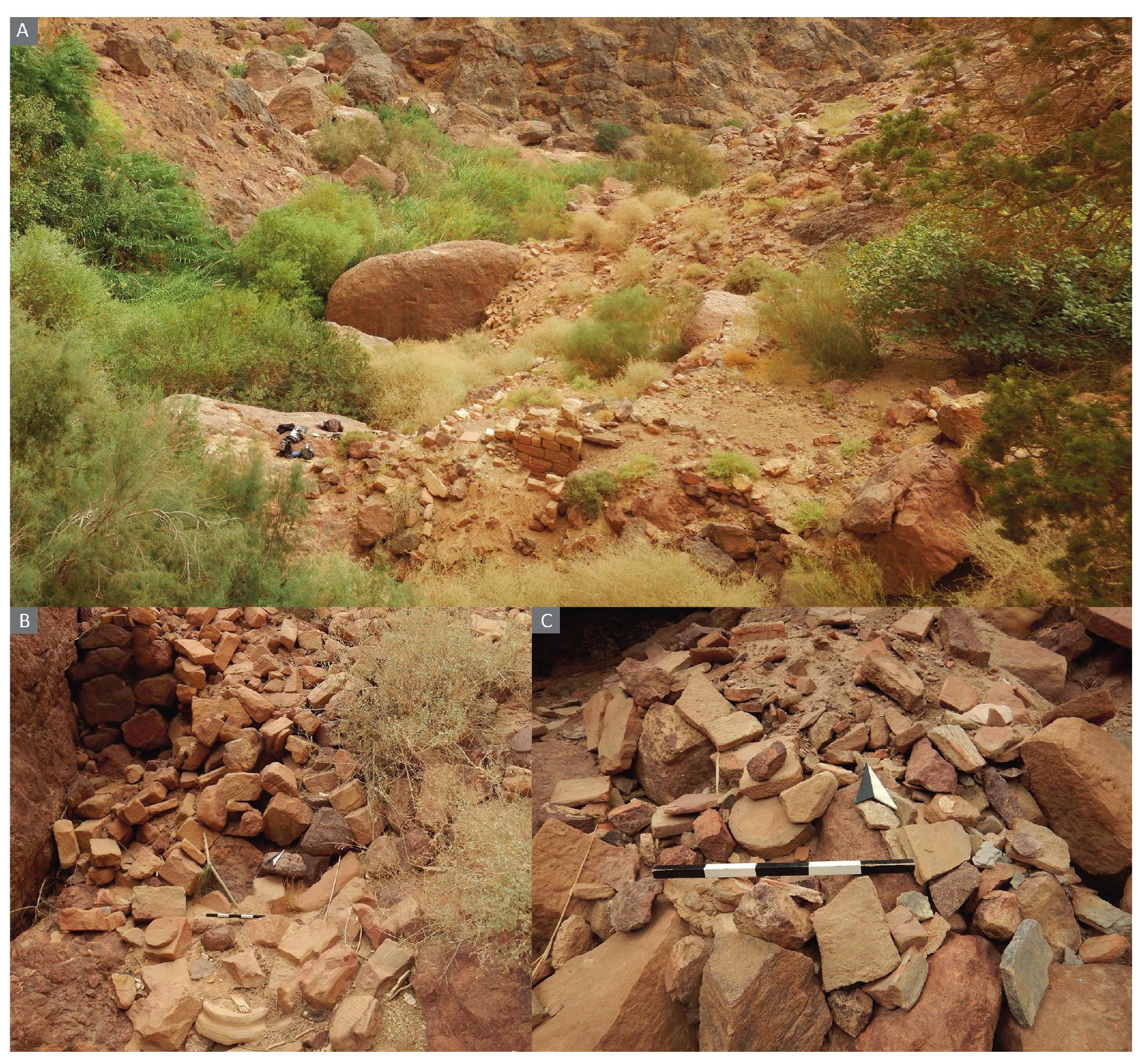 Figure 5. The presumed ‘rural mansion’ of Sahir al-Begh’er in the Petraean hinterland. A: Overview of structural remains. B: Debris of architectural members. C: Remains of a heated thermal system. 