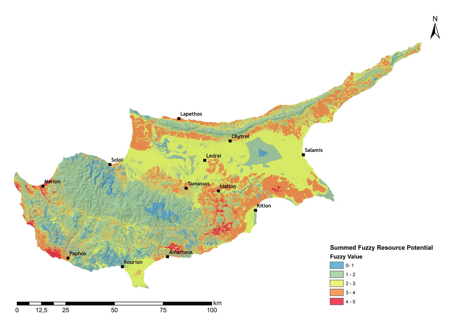 Figure 7. Summed fuzzy resource potential map of Cyprus. Map: W. M. Kennedy and D. Knitter. 