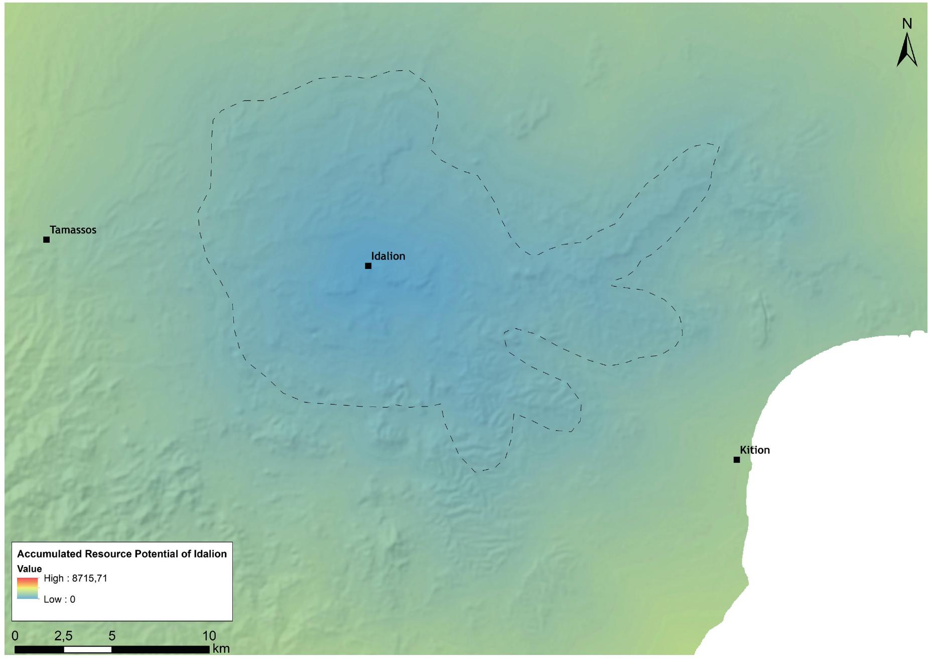 Figure 8. Accumulated fuzzy resource potential map of Idalion. The blue-greenish area (limits roughly sketched within dashed area) signifies the minimum extent of available resources in the surroundings of Idalion. Map: W. M. Kennedy and D. Knitter. 