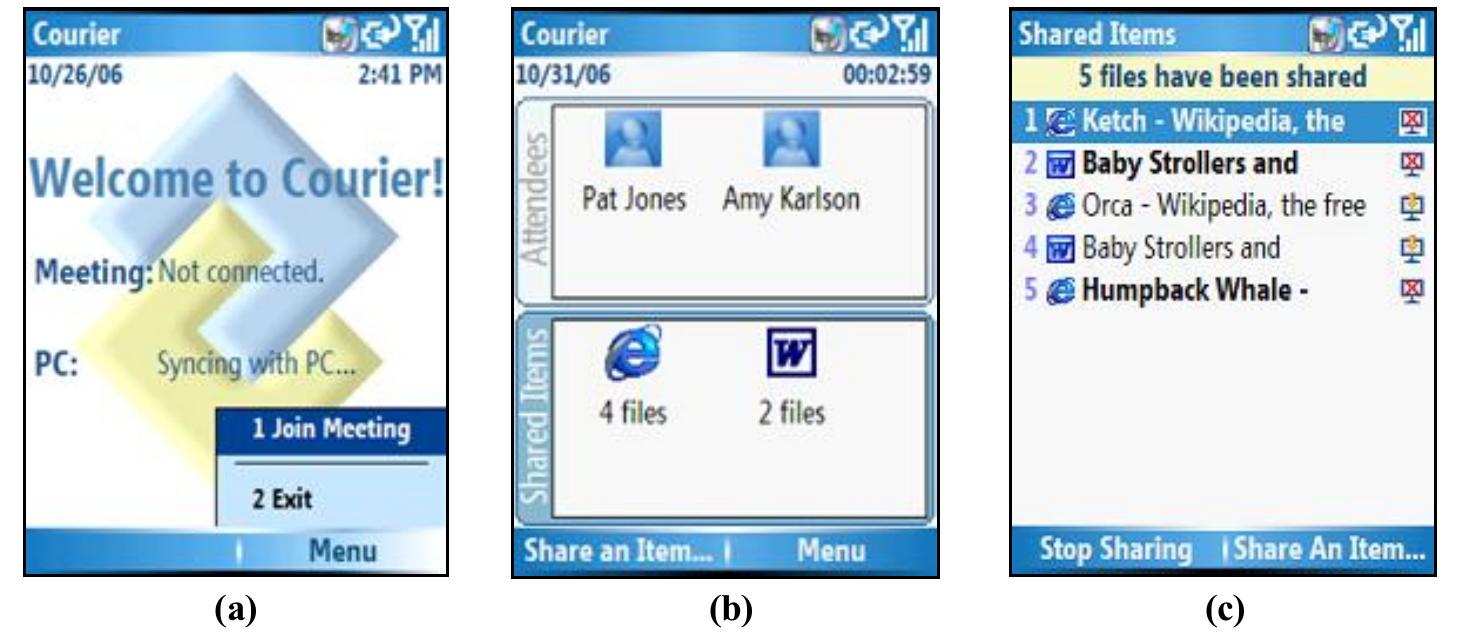 Fig. 2. (a) The CourierMobile welcome screen. (b) The meeting overview screen. The up/down directional controls toggle between the “Attendees” and “Shared Items”. Selecting “Attendees” opens a screen providing contact details about attendees. Selecting “Shared Items” opens the list of shared items (c). Note that for illustrative purposes this screenshot reflects a situation where several files have already been shared by this attendee and others.