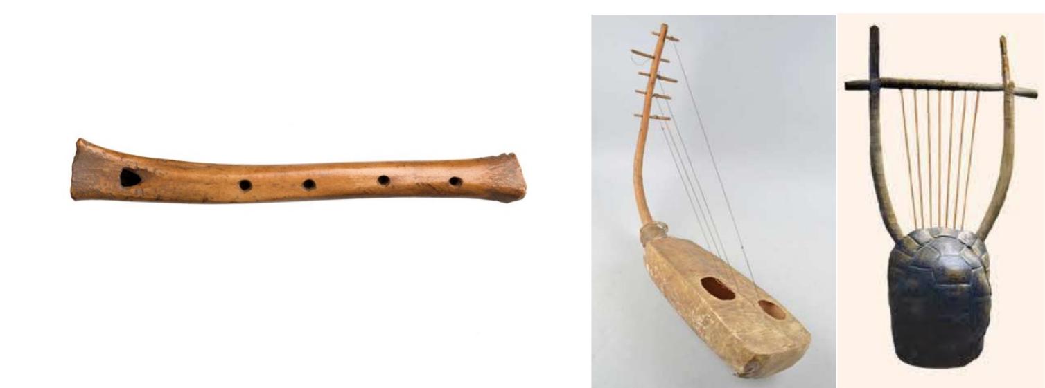 Fig. 1 - Mamooth flute (https://www.bbc.com/news/science-environment-18196349) sub-Saharan Afri- ca, Sudanese bow harp (https://www.britishmuseum.org/collection/object/E_Af1979-01-5963) and the Lyre of Apollo (https://ancientlyre.com/blog/blog/how-did-the-ancient-greeks-tune-a-7-string-lyre). 