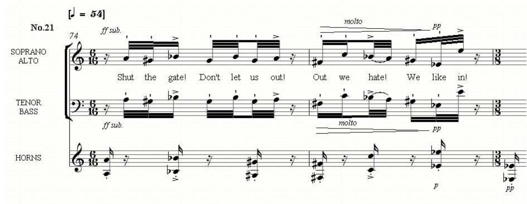 Example 12: bars 74-75 of no.21, ‘chorus’, sawer, skin deep