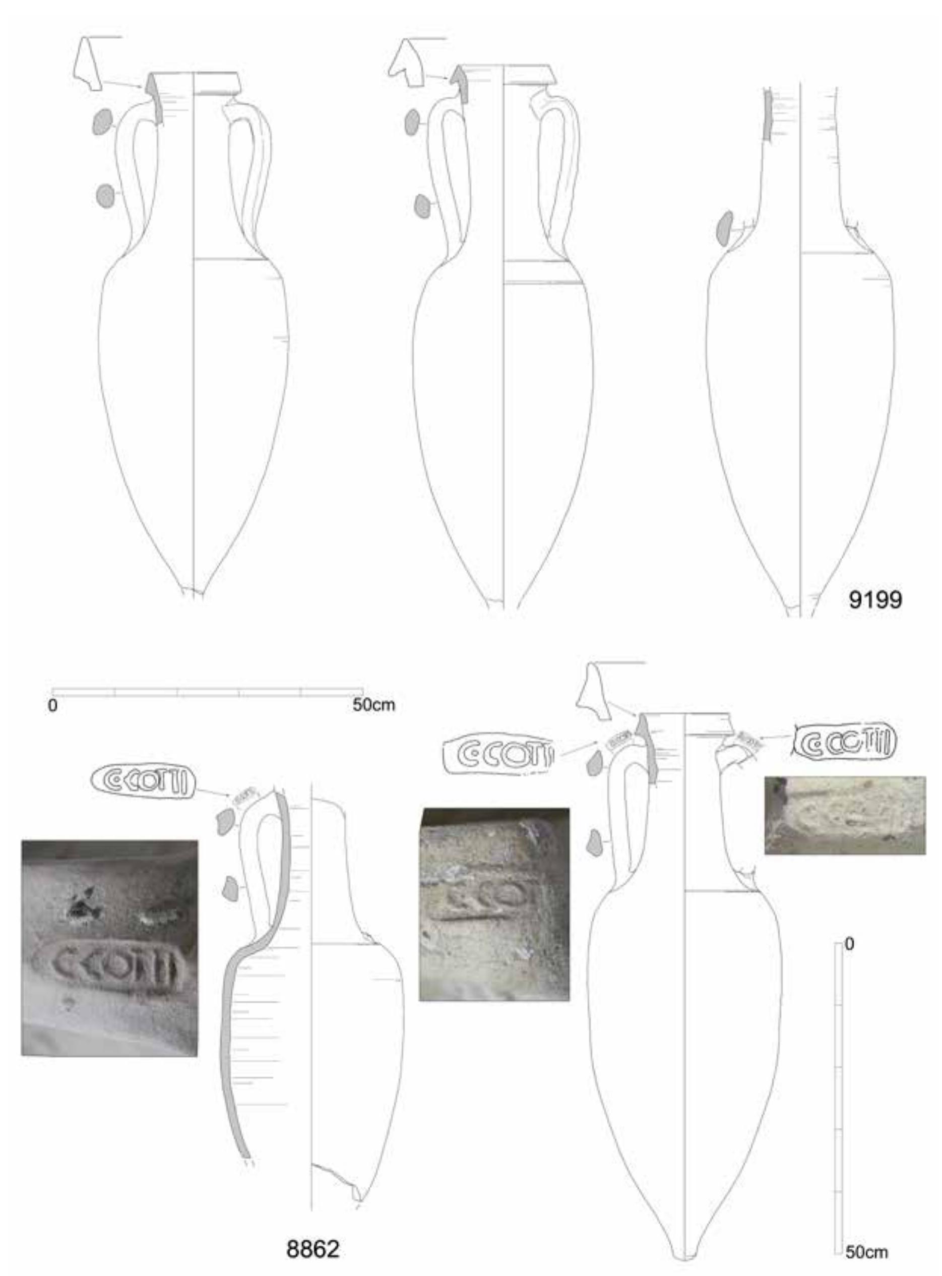 Fig. 2. Anforas grecoitalicas tardias (o Dressel 1A “tempranas”) de importacion.  ANTONIO M. SAEz RomMERO, AURORA HIGUERAS-MILENA CASTELLANO, JOSE FRANCISCO BLANCO ARCOS 