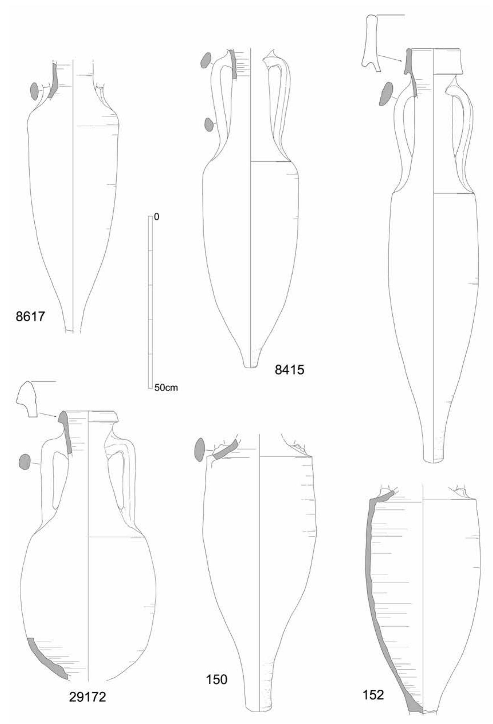 Fig. 4. Anforas itdlicas importadas: Dressel 1A/C y Lamboglia 2 (29172).  AntToNIO M. SAEz RoMERO, AURORA HIGUERAS-MILENA CASTELLANO, JOSE FRANCISCO BLANCO ARCOS 