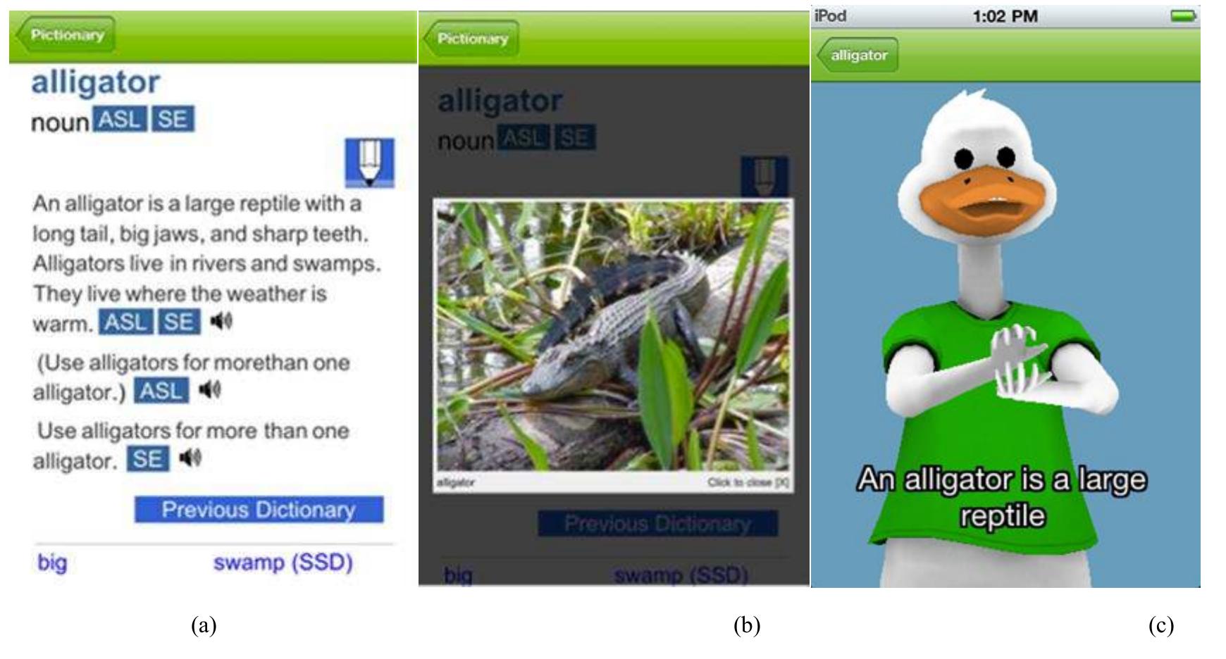 Figure 1. Examples of UDL Features Incorporated into the SSP  Both the SSP and SSD incorporate signing avatars and support the Universal Design for Learning (UDL) framework. The framework emphasizes three principles of pedagogy: multiple means of representing information, multiple means for the expression of knowledge, and multiple means of engagement in learning (Rose & Meyer. 2006). These principles are implemented in_ the instructional design of the dictionaries as follows: Static images, text, human narration, and signing give users ways of acquiring knowledge (Principle 1). Allowing students to select American Sign Language (ASL) or  To recruit participants for the study, TERC researchers invited an urban school for the deaf and hard of hearing that was located in close proximity to the HMNH to be part of the study. This resulted in identification of a group of 20 student participants. Characteristics of this group are presented in Table 1. In support of TERC’s policies for working with human subjects, identifiers have been removed to ensure confidentiality of the participants. 