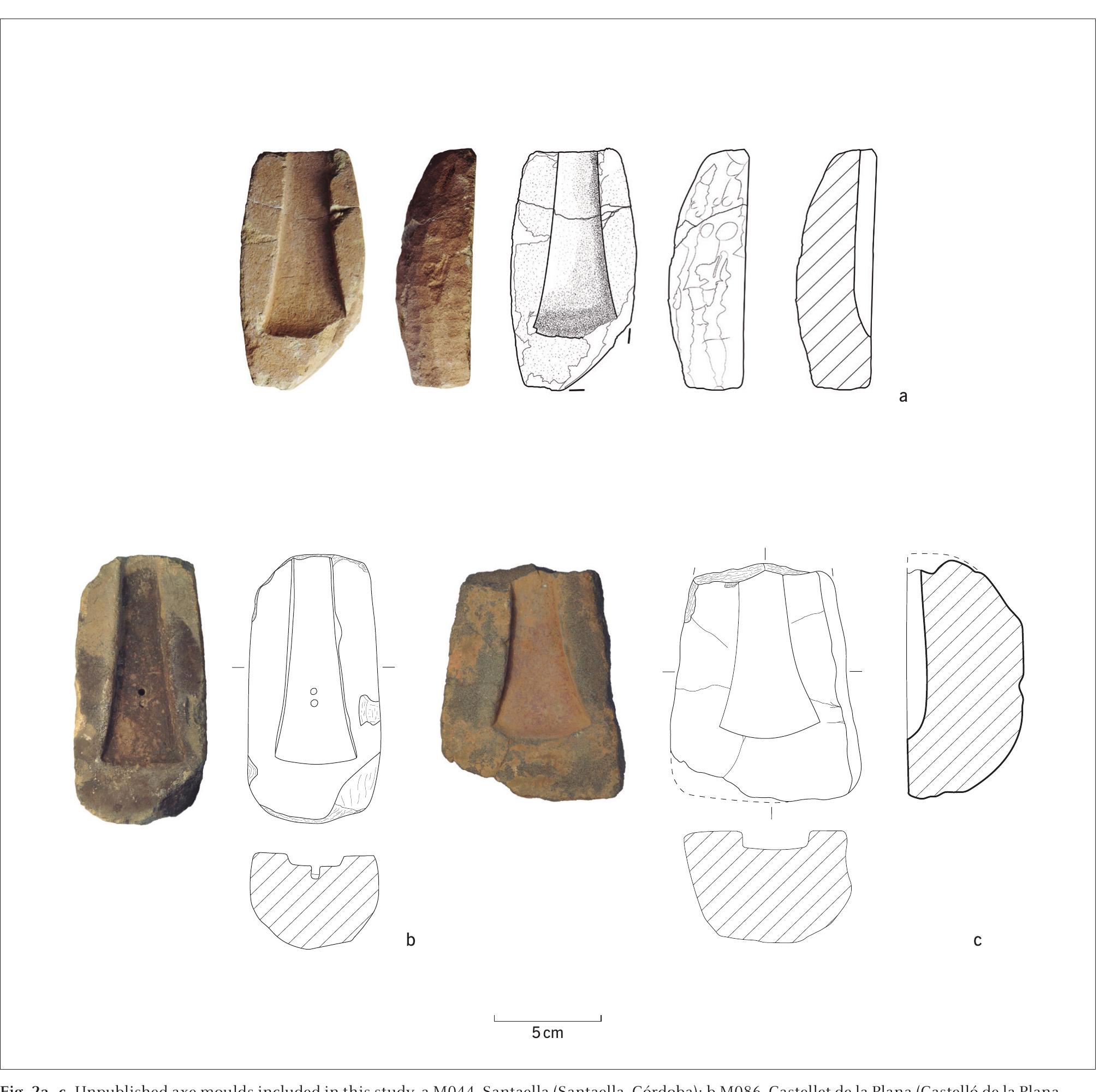 Abb. 2a-c Bisher unpublizierte, in der Untersuchung einbezogene Gussformen. a M044 Santaella (Santaella, Cordoba); b M086 Castellet de la Plana (Castello de la Plana, Castelld); c M085 Castell d‘Almassora (Almassora, Castelld). Siehe Annex 1 fiir Namen der beherbergenden Museen. 